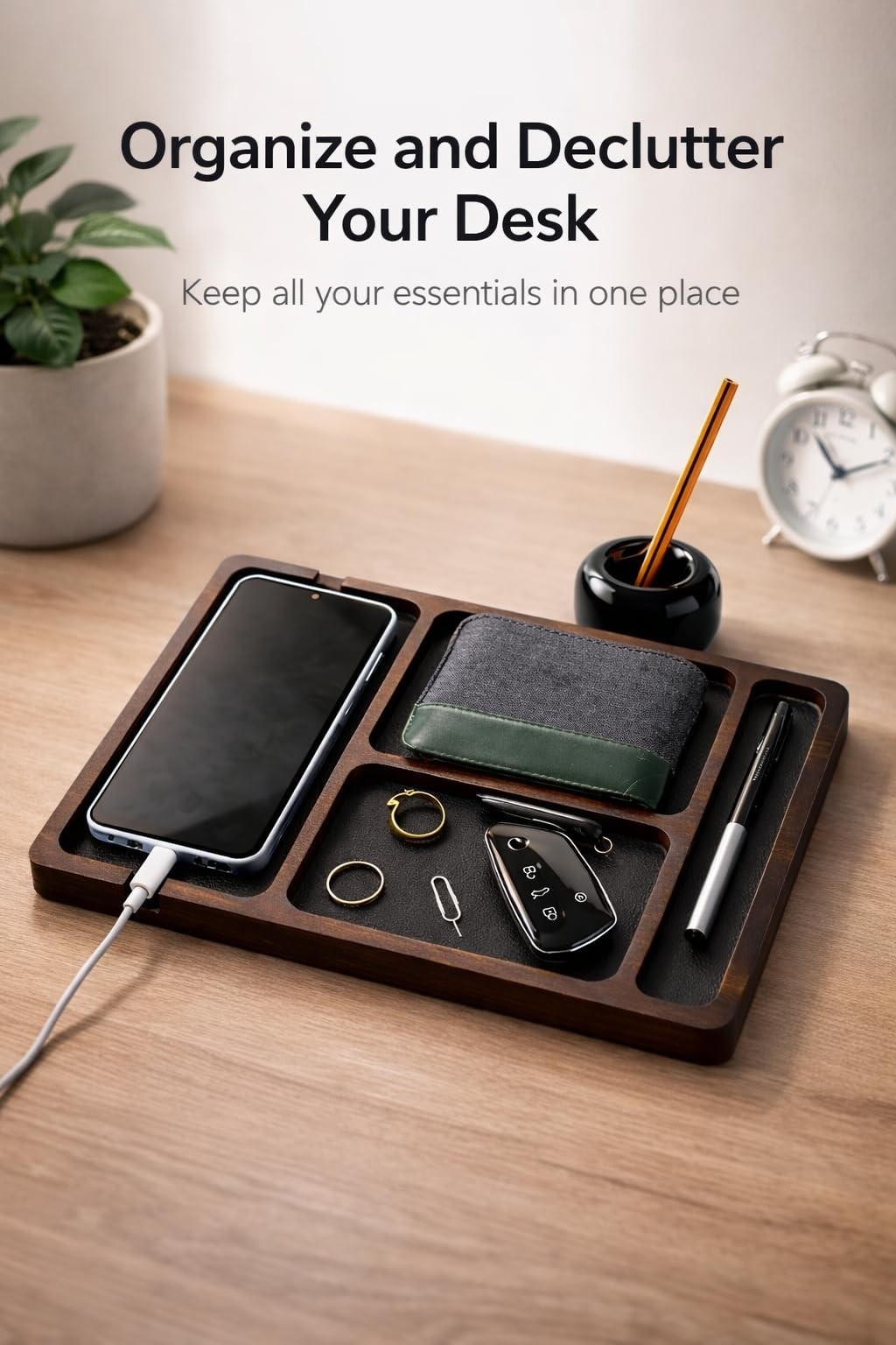 Wood Desk Organizer Tray Ceramic Pen Holder Valet Tray Phone Wallet Keys Holder