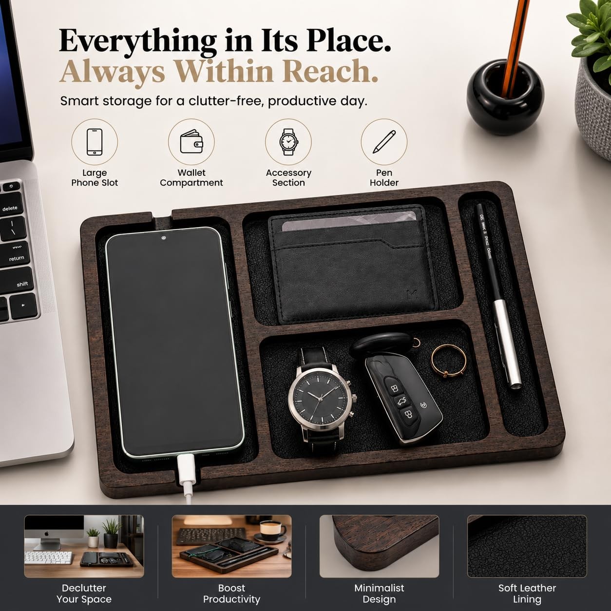 Wood Desk Organizer Tray Ceramic Pen Holder Valet Tray Phone Wallet Keys Holder