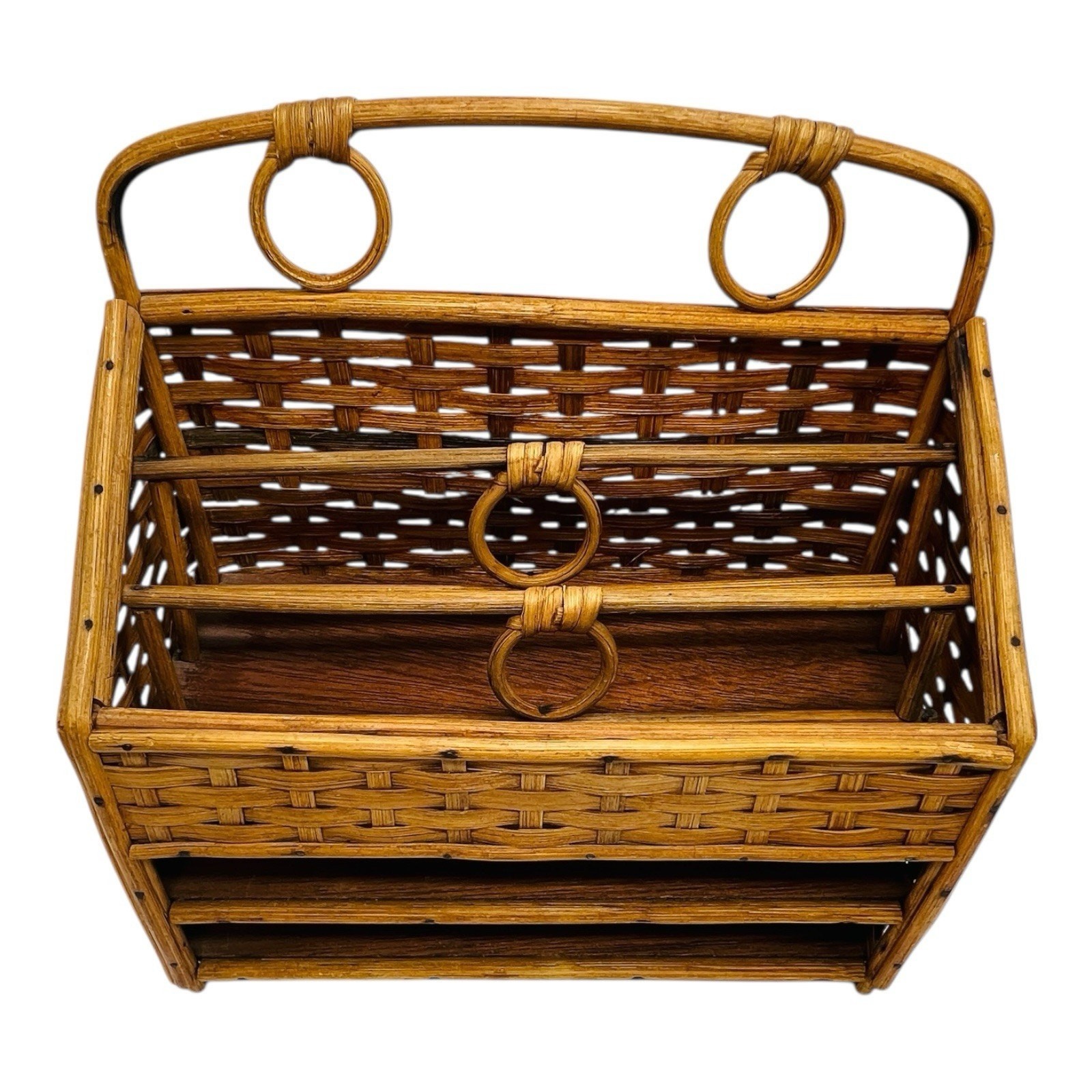 VTG Rattan Desk Organizer Bamboo Letter Tray Boho Basket Weave Office Storage