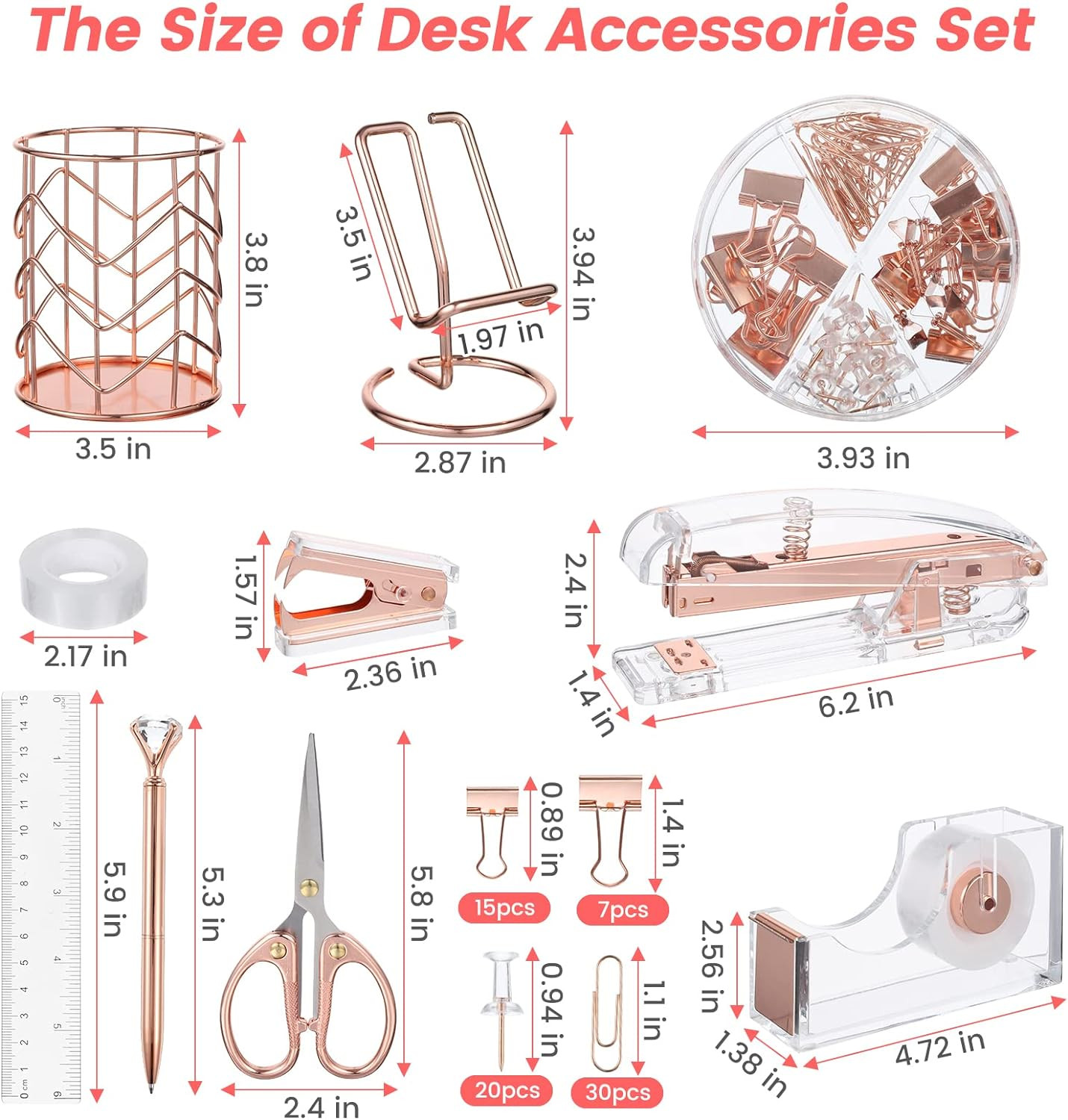 Rose Gold Desk Accessories Cute Office Supplies Set Acrylic Stapler Pen Holder
