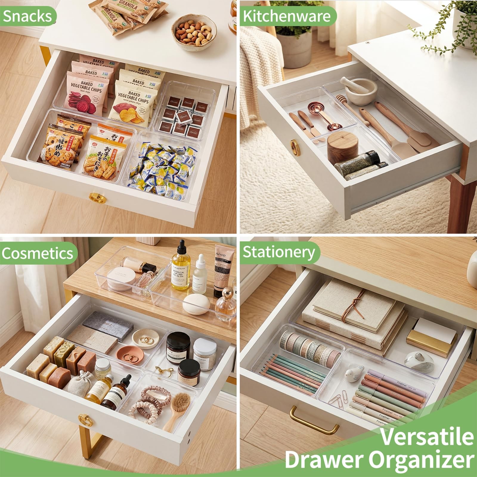 6 PCS Clear Plastic Drawer Organizer, Large 15″ X 6″ 3-Size Acrylic Stackable…