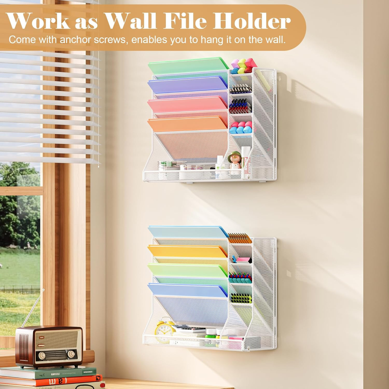 Adjustable 5 Tiers Wall File Organizer Metal Hanging Holder White | 5 Tiers Desk
