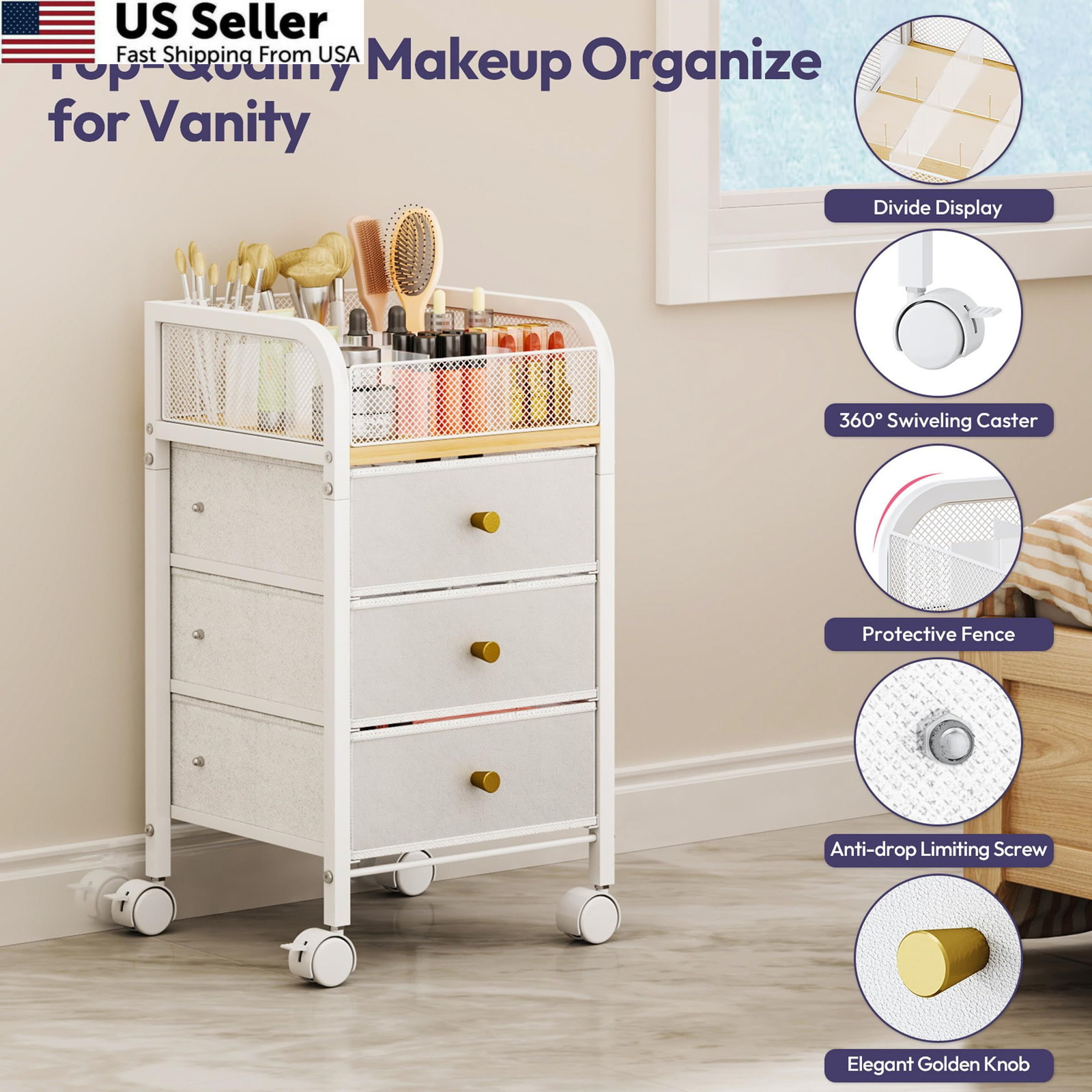 SWTYMIKI Rolling Makeup Organizer Cart – Under Desk Vanity 4-Tier, White