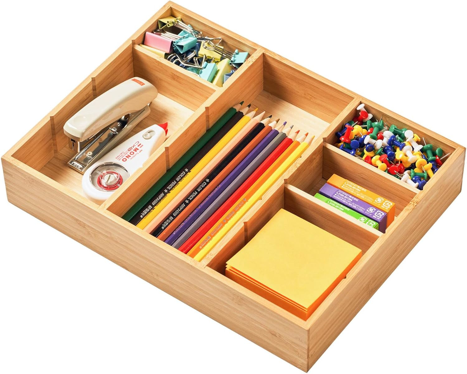 Bamboo Desk Drawer Organizer, Wood Junk Organizer Tray with Adjustable Dividers,