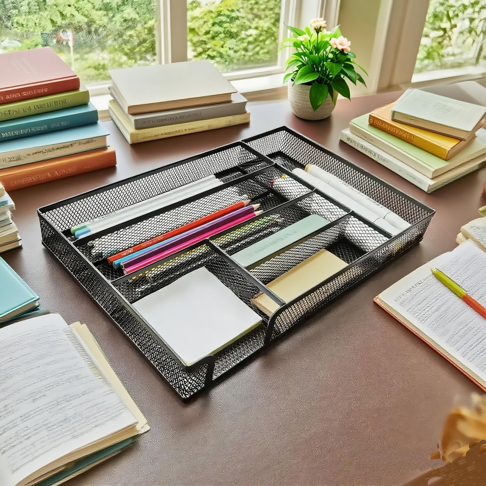 Mesh Desk Drawer Organizer Tray 6 Compartment Black 2 PCS 12.6×8.27×1.57 Inch
