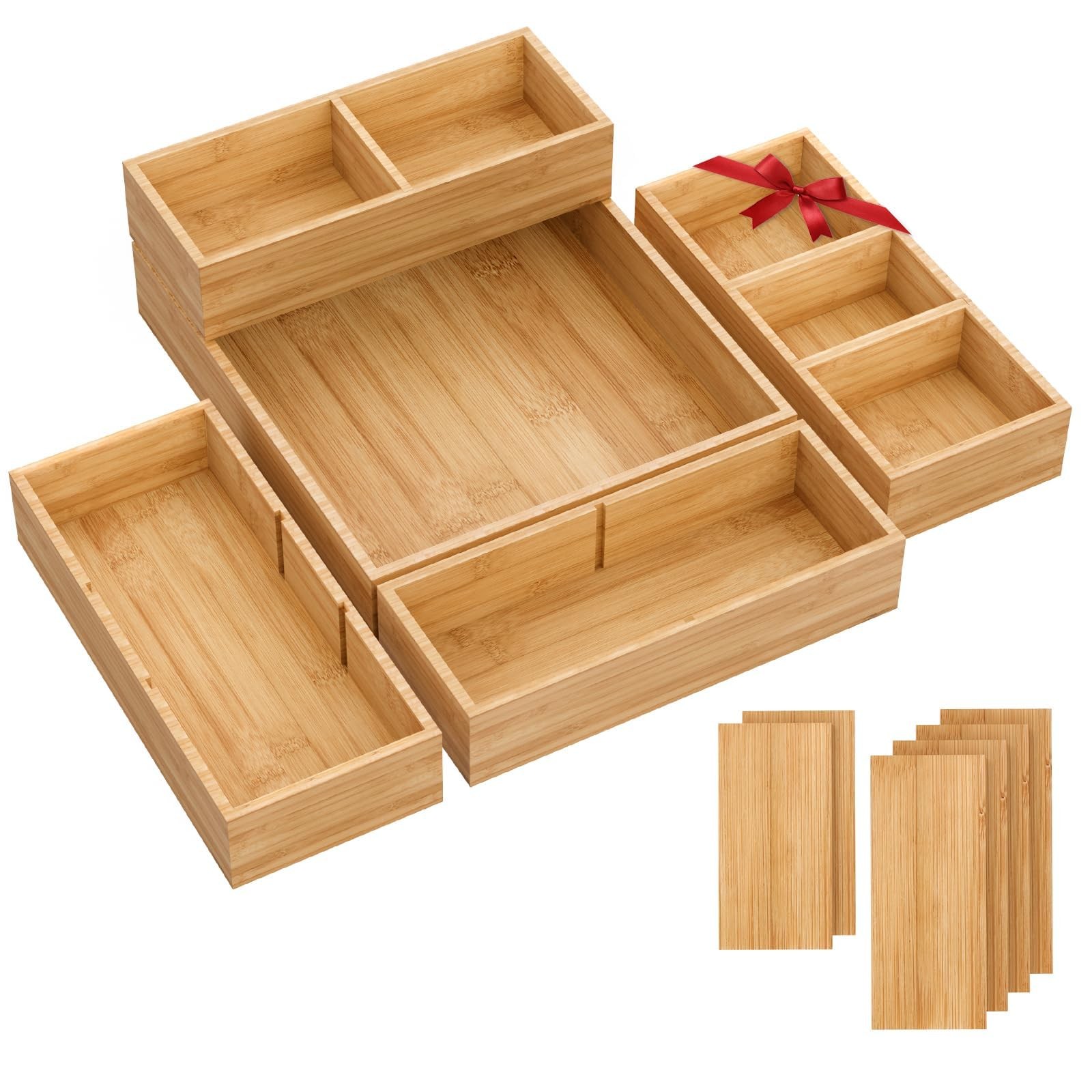 SpaceWhisper Bamboo Drawer Organizer, 5-Piece Divider with natural