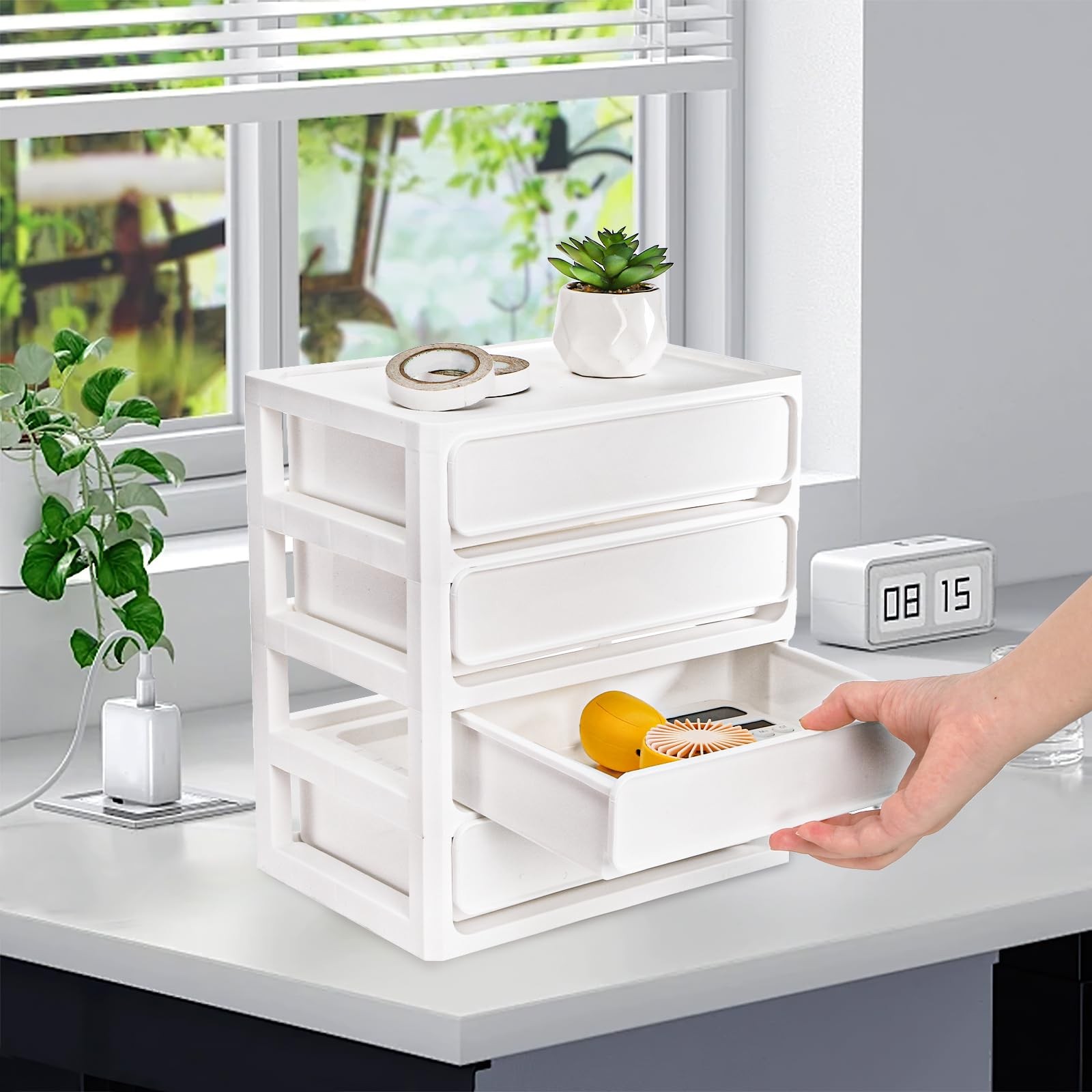 Desk Drawer Organizer, 4 Tier Plastic Desktop Storage Unit, Small Storage Bin…