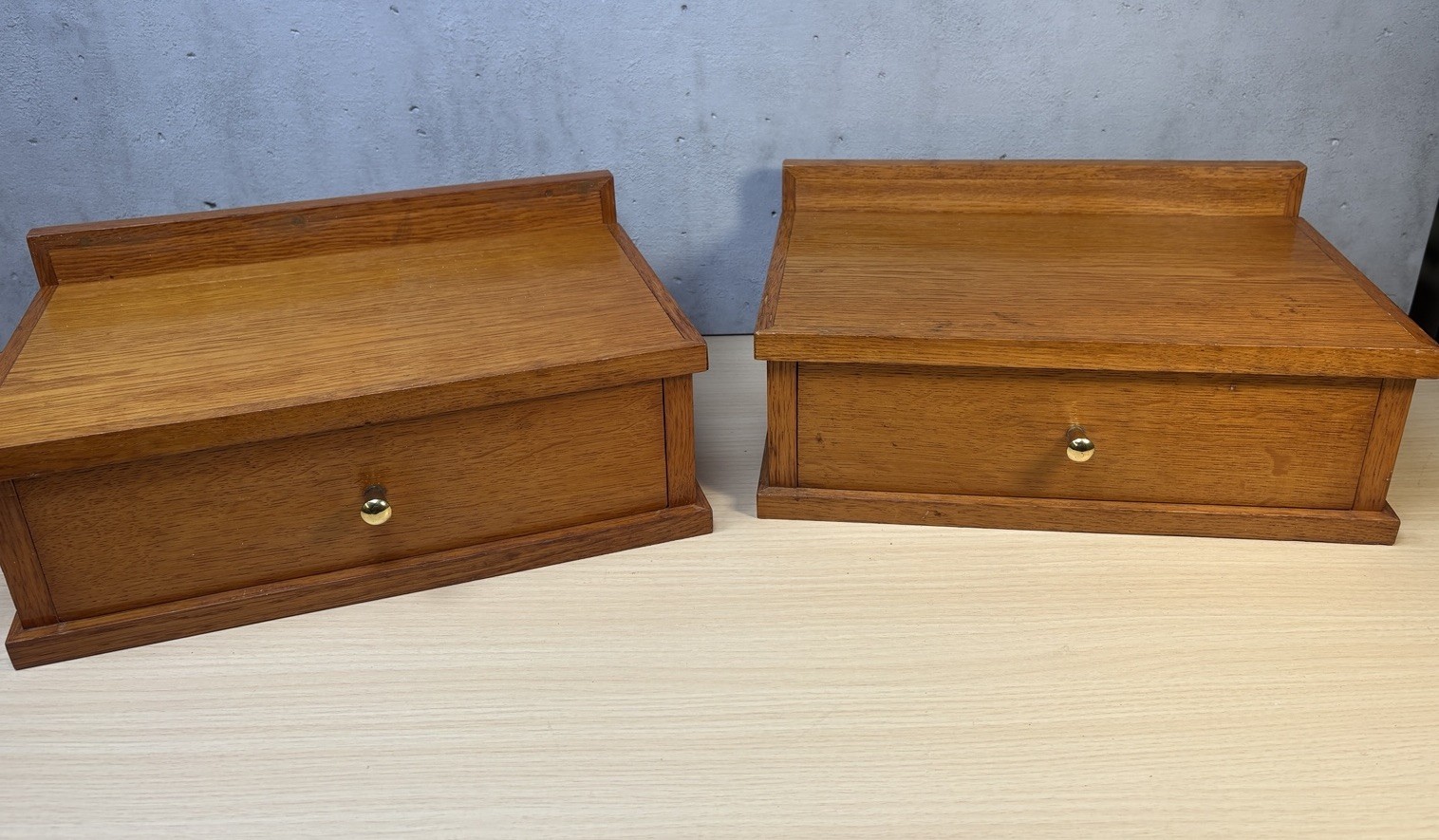 2 Vintage Scandinavian-style wooden shelf small desk organizer Brass Knob Oak