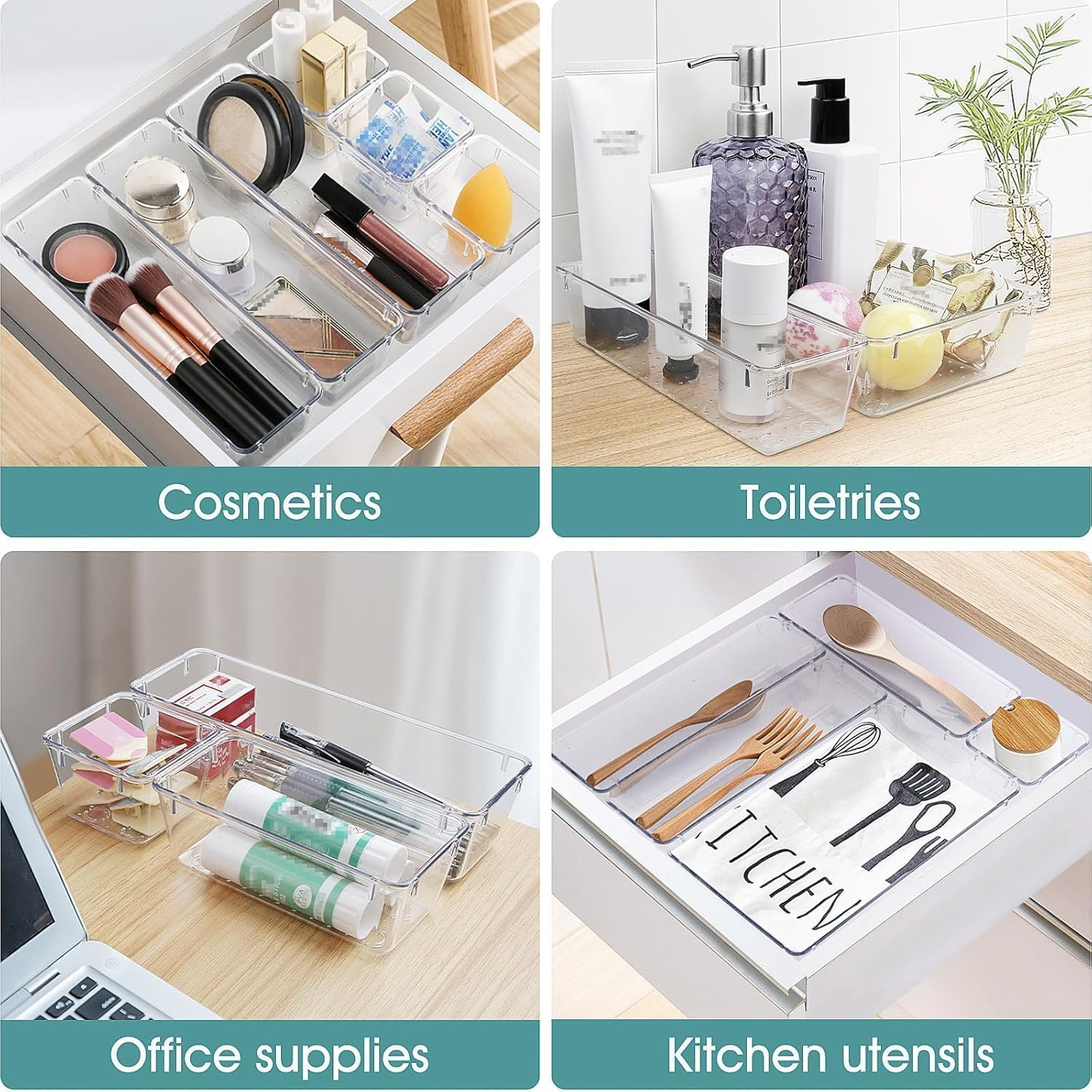 25 PCS Clear Plastic Drawer Organizer Set, 4 Sizes Desk Drawer Divider Organizer