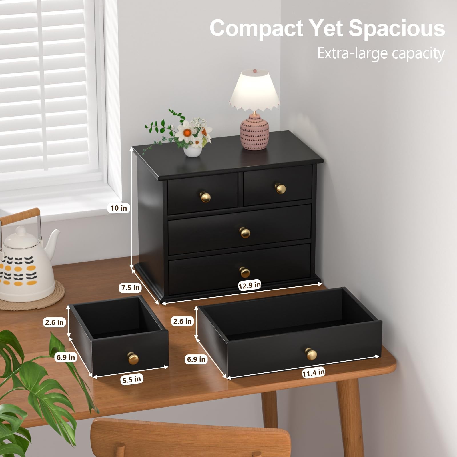 Oak Desk Organizer with Drawers, Durable Wooden Desktop Storage Box with Meta…