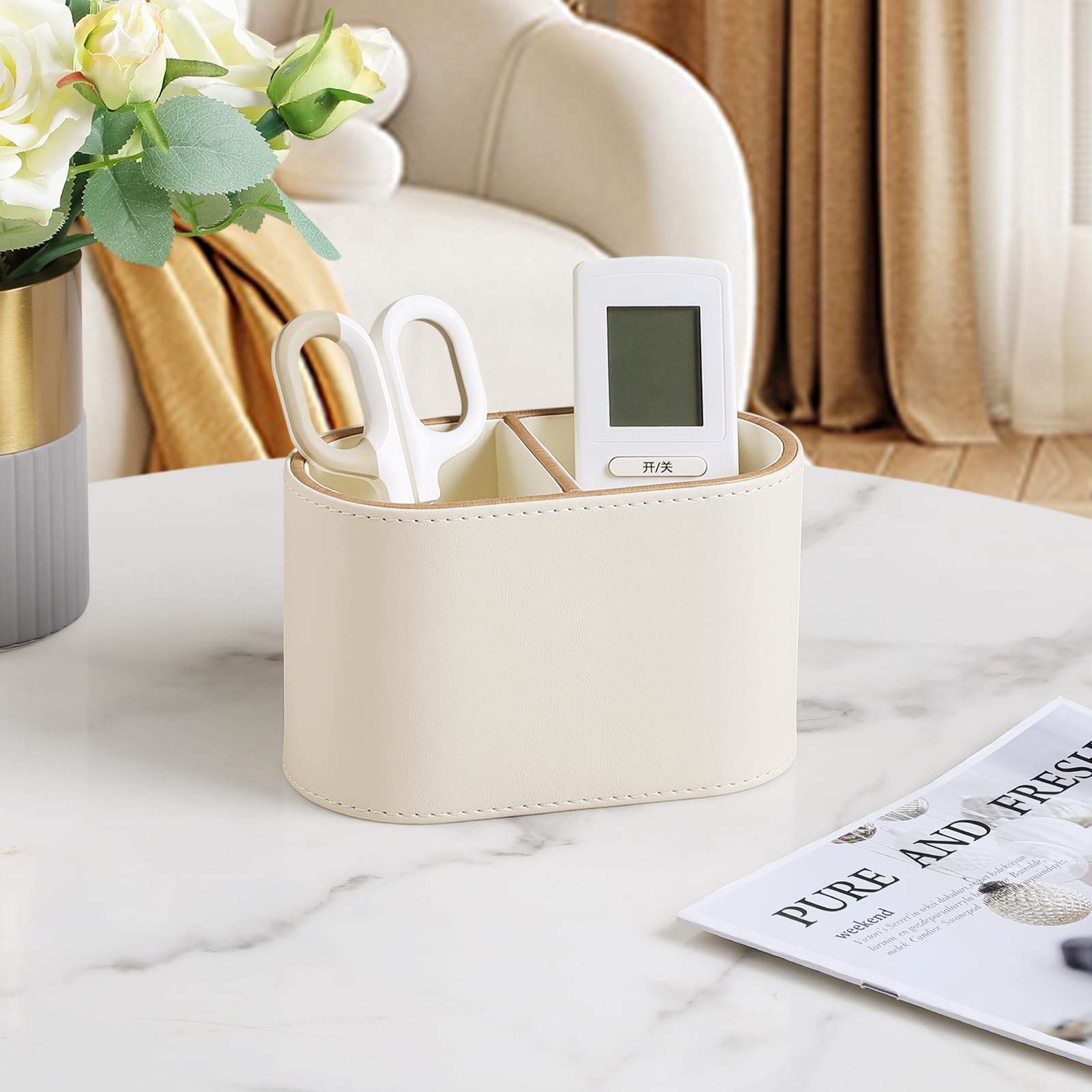 PU Leather Pen Holder for Desk, Small Remote Control Holder Pencil Cup Multif…