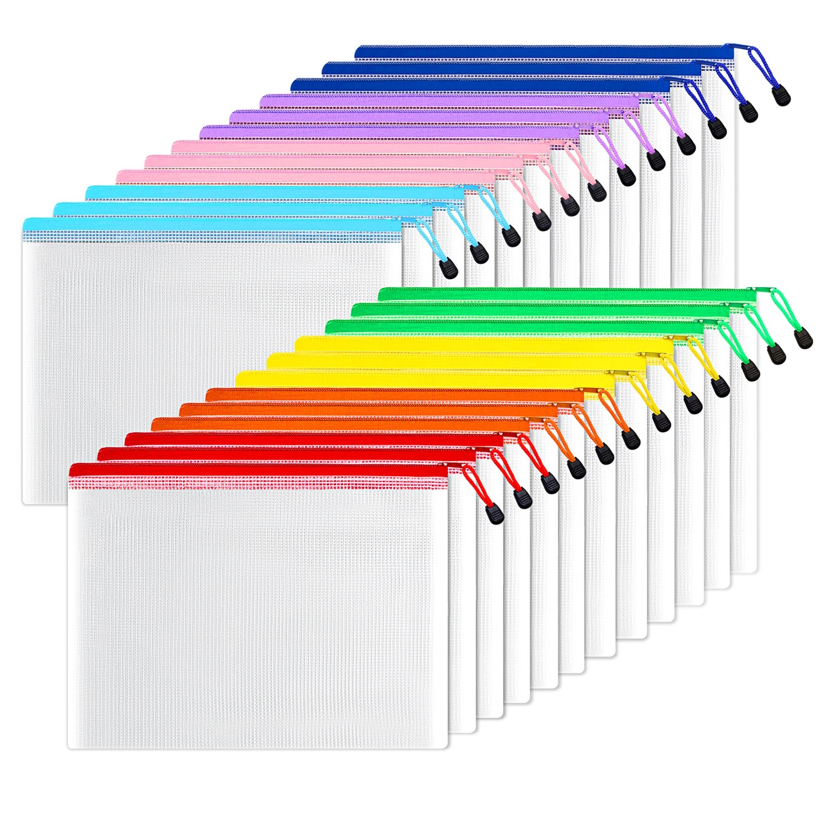 Plastic Mesh Zipper Pouch 24 Packs 10×14 in 6 Colors Water-Resistant