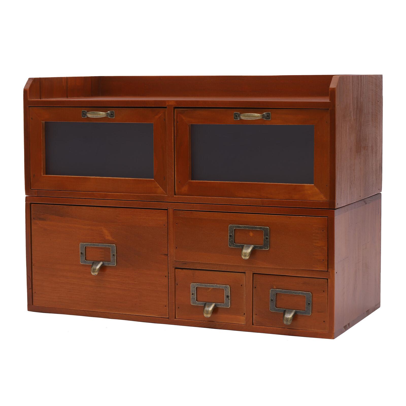 Retro Brown 6-Drawer Desktop Organizer Pine Wood Clear Acrylic Door