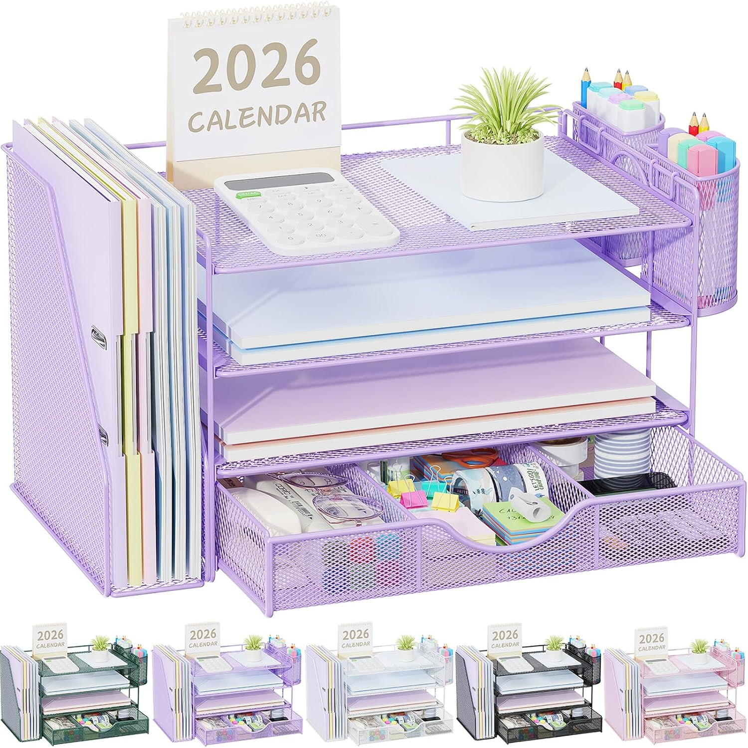 4 Tier Desk Organizer with File Holder Drawer and 2 Pen Holders Purple