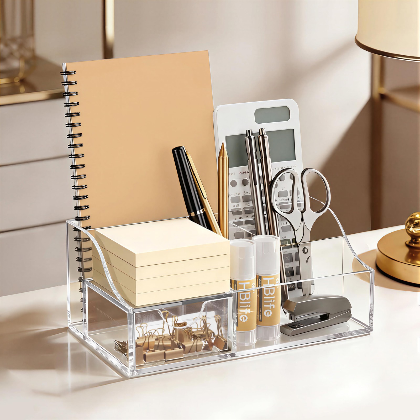 HBlife Acrylic Desk Organizer with Drawer, Pen & Pencil Holder, Clear