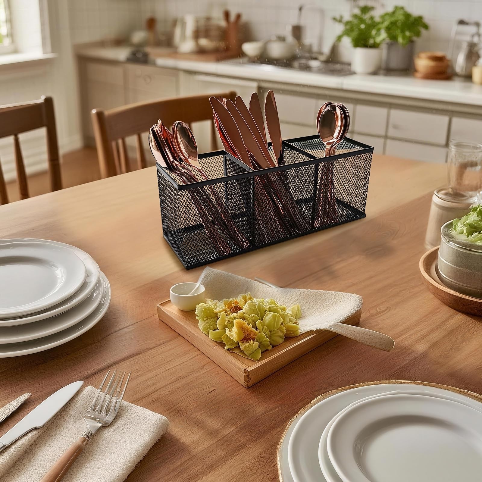 Spacious 3-Compartment Metal Mesh Desk Organizer for Pens, Makeup & Utensils – B