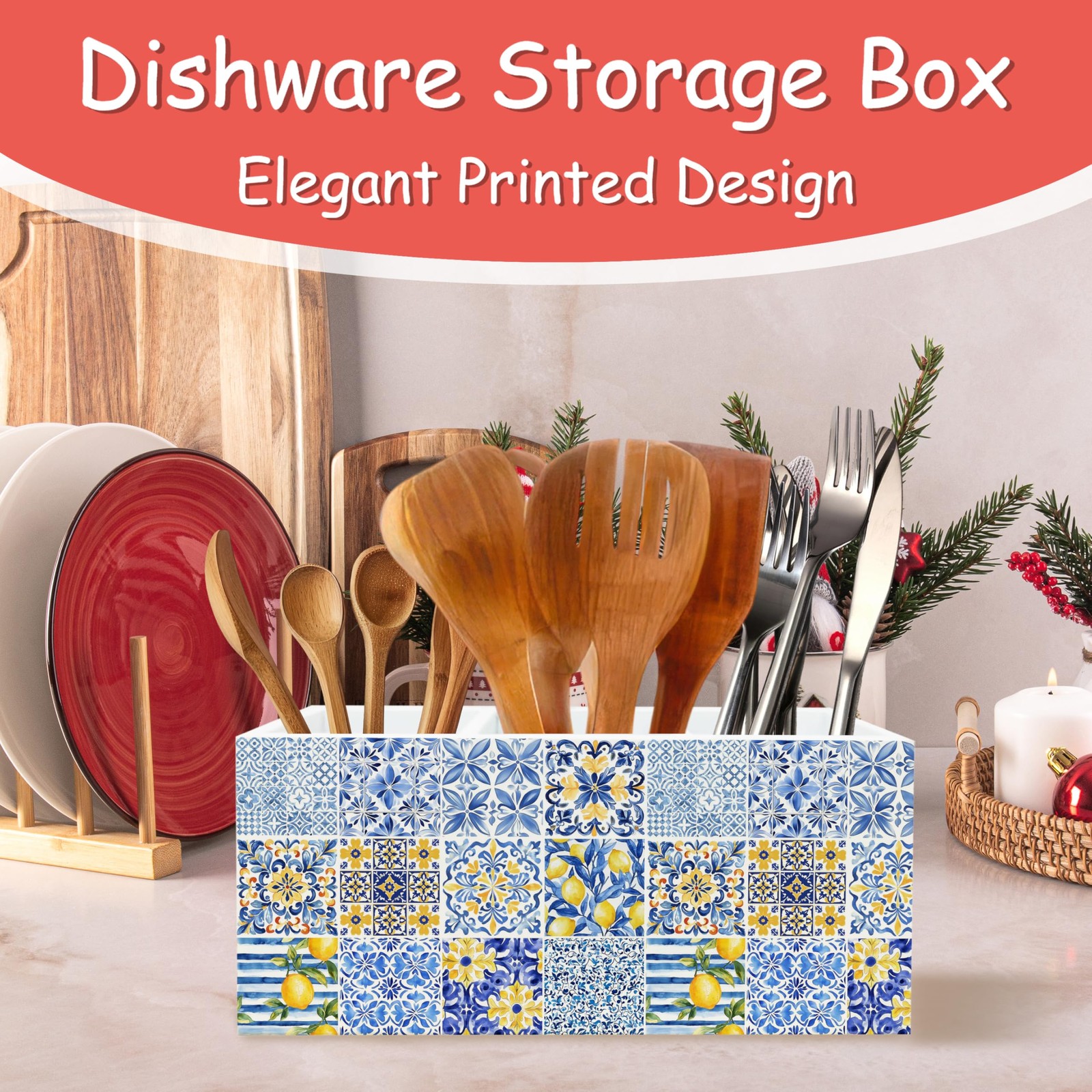 Kitchen Utensil Holder Organizer 3 Compartment Wood Mediterranean Lemon Print