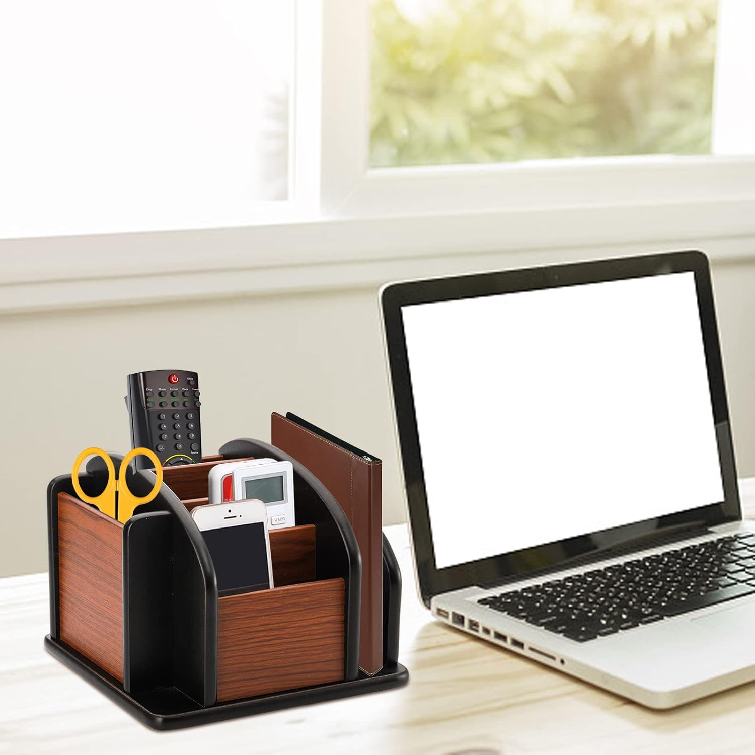 DEAYOU Wood Remote Control Holder for Table, Revolving Office Desktop Organizer