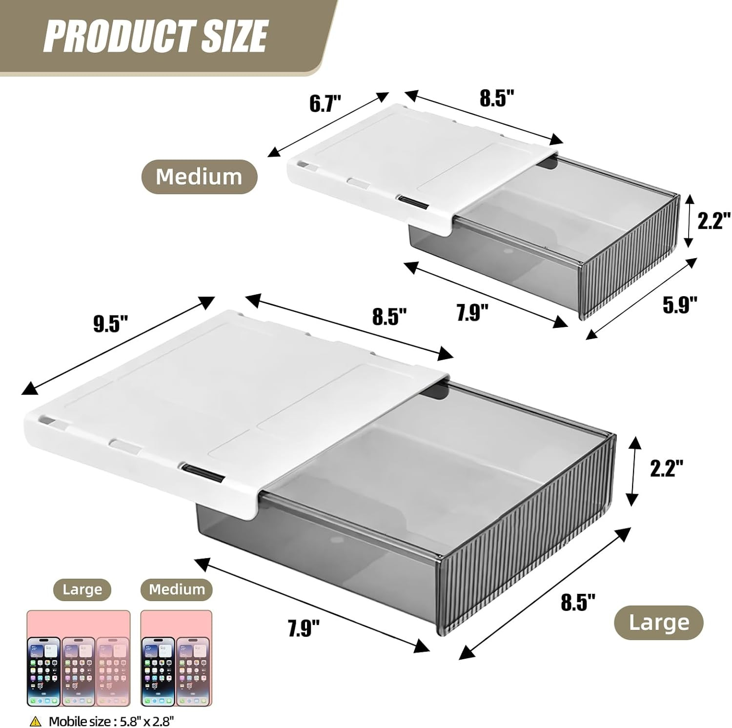 2Pcs under Desk Storage Drawers Slide Out,Large&Medium, Stick on Desk Drawer Org