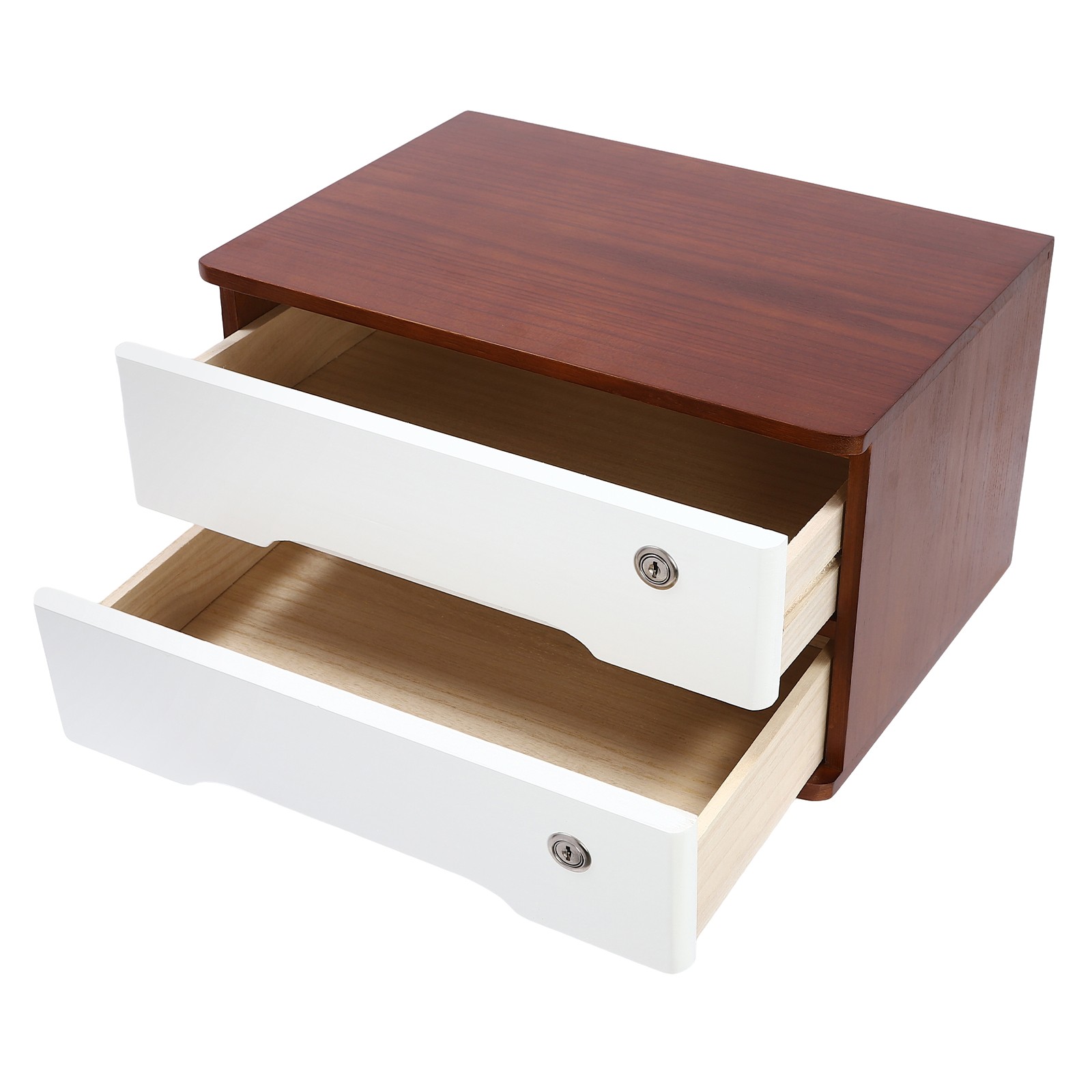 Luxury Walnut Finish Wooden Desk Organizer 2 Drawer Lockable Storage Cabinet
