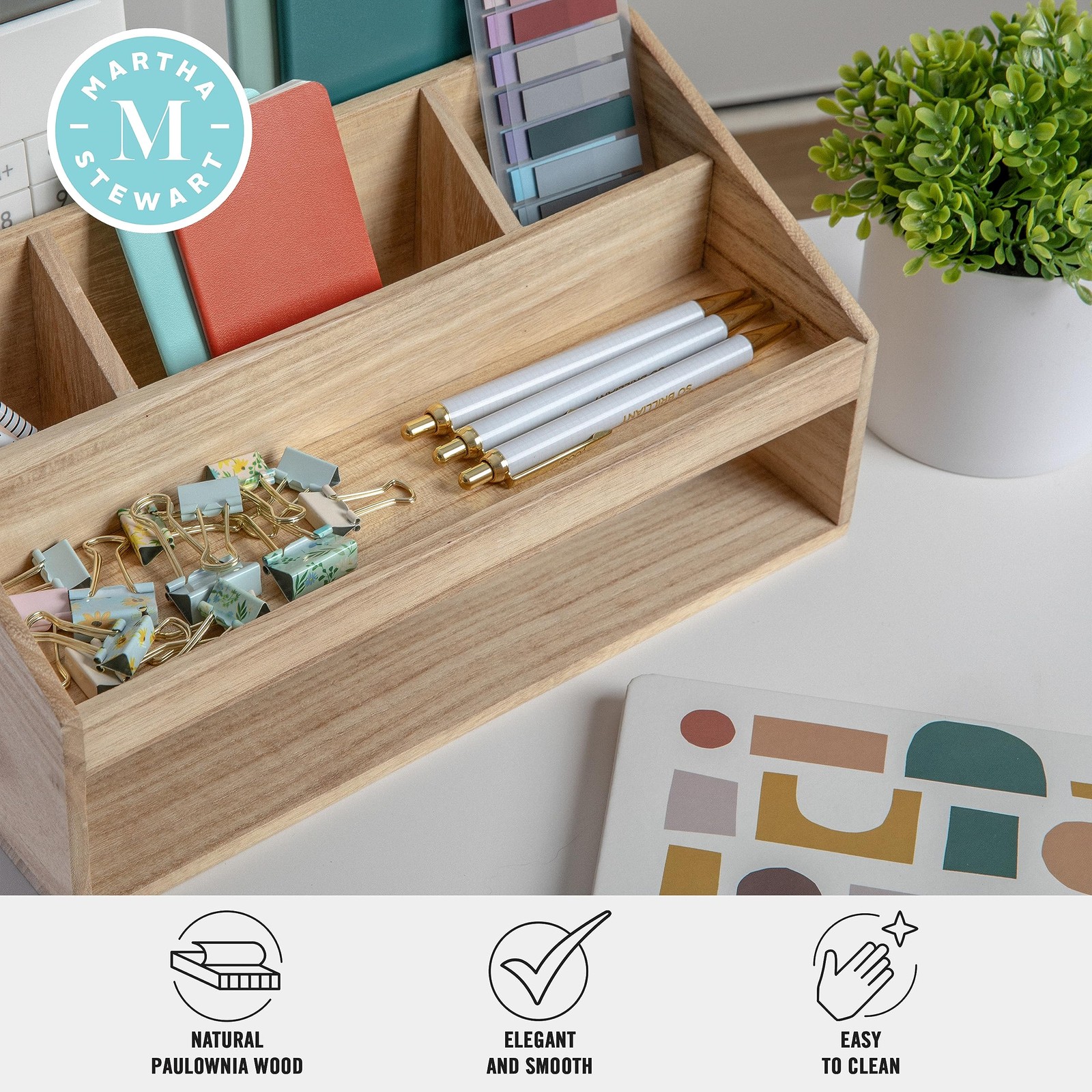 Martha Stewart Weston Wooden Desktop Organizer with Set of 1, Light Natural