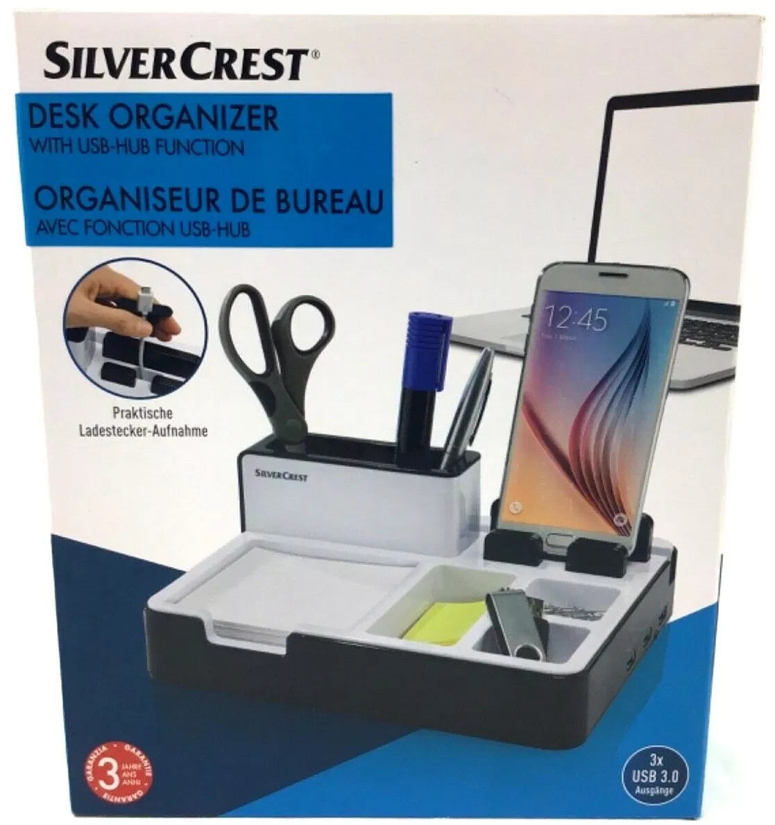 Silver Crest Desk Organizer w/ 3 USB HUB 3.0 Ports Charge Smartphones / Tablets