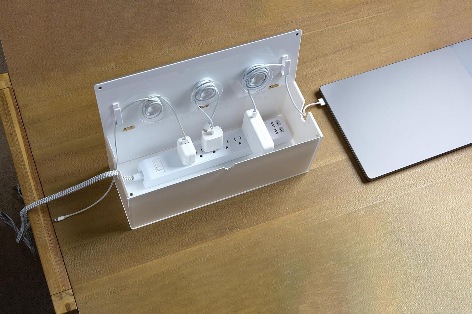 Desk Organizer Large Acrylic Cable Management Box, Transparent with White Backin