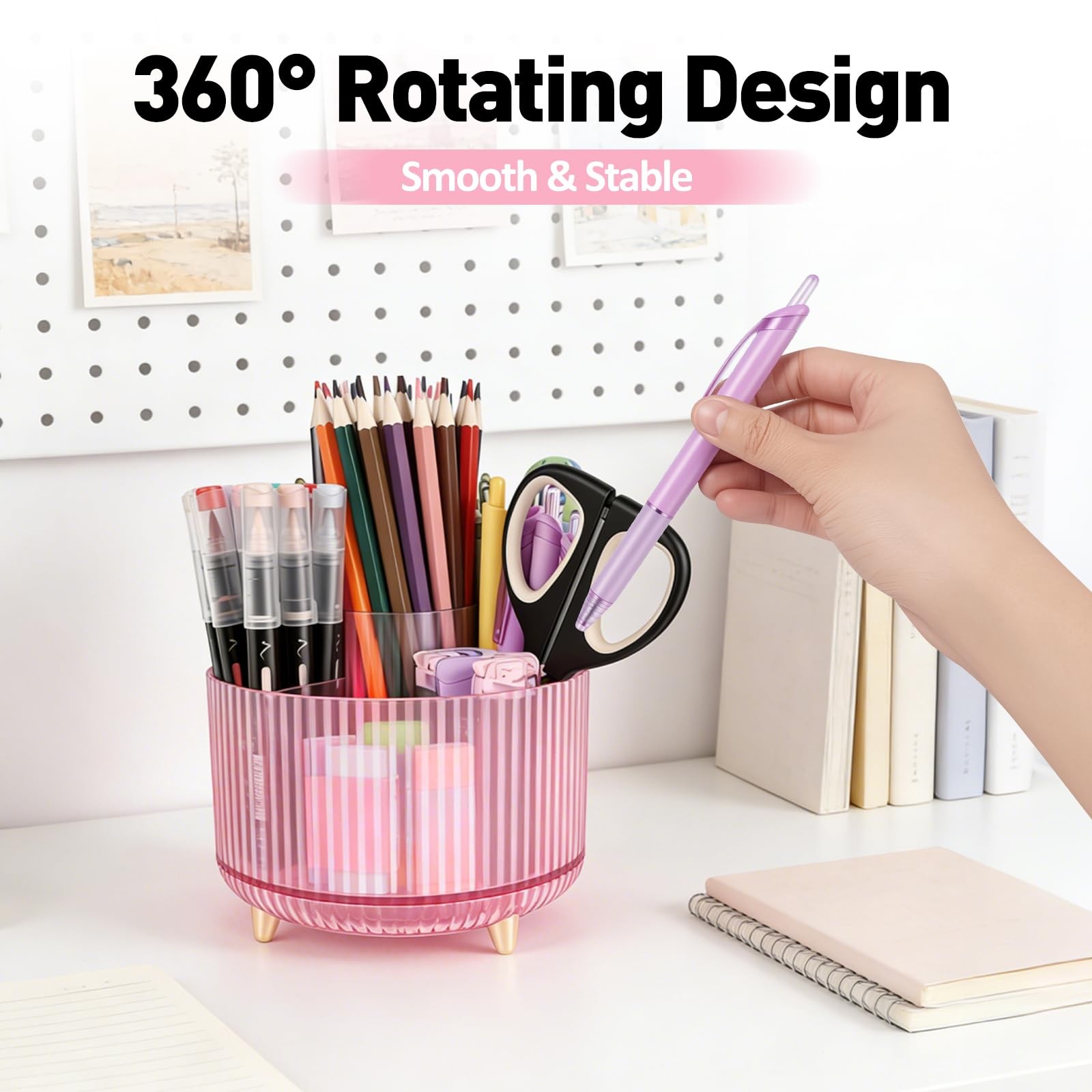 360 Rotating Pen Pencil Holder for Desk, Pen Organizer with 5 Slots, Makeup B…