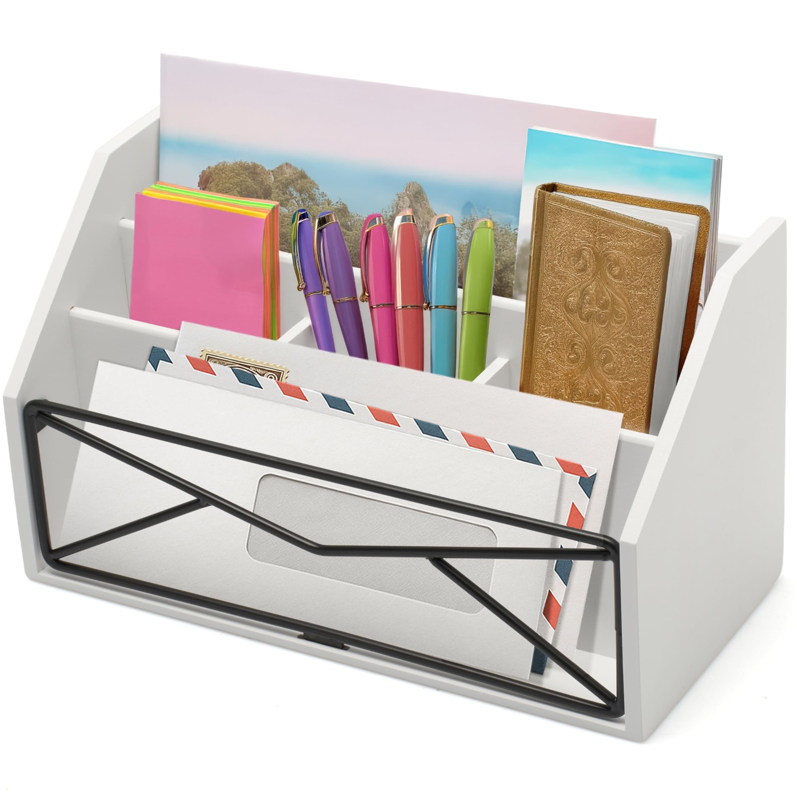 Bamboo Desk Organizer – White Powder-Coated Natural Bamboo Mail Organizer for…