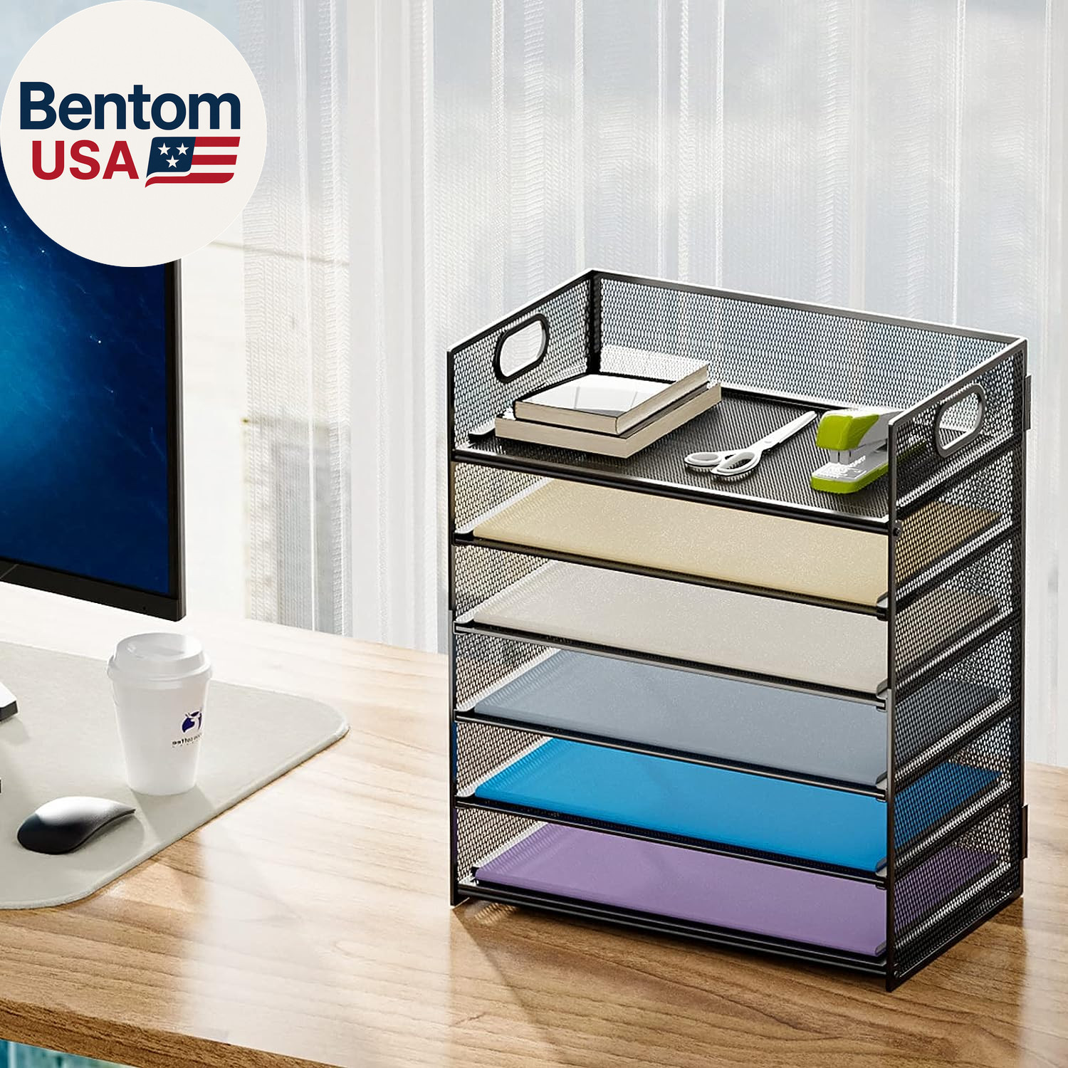 6 Tier Paper Organizer Letter Tray – Mesh Desk File Organizer with Handle, Paper