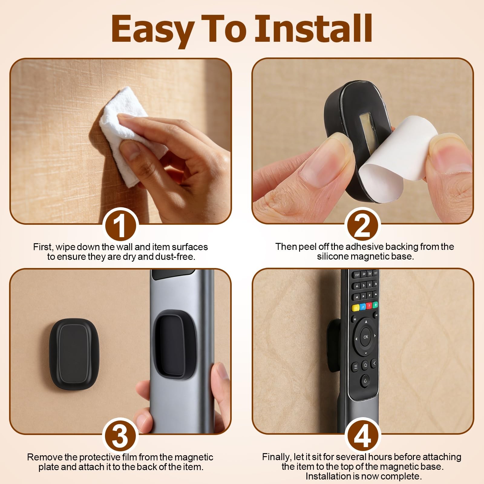 4 Pack Magnetic Remote Control Holder Wall Mount, No Drill Self-Adhesive Orga…