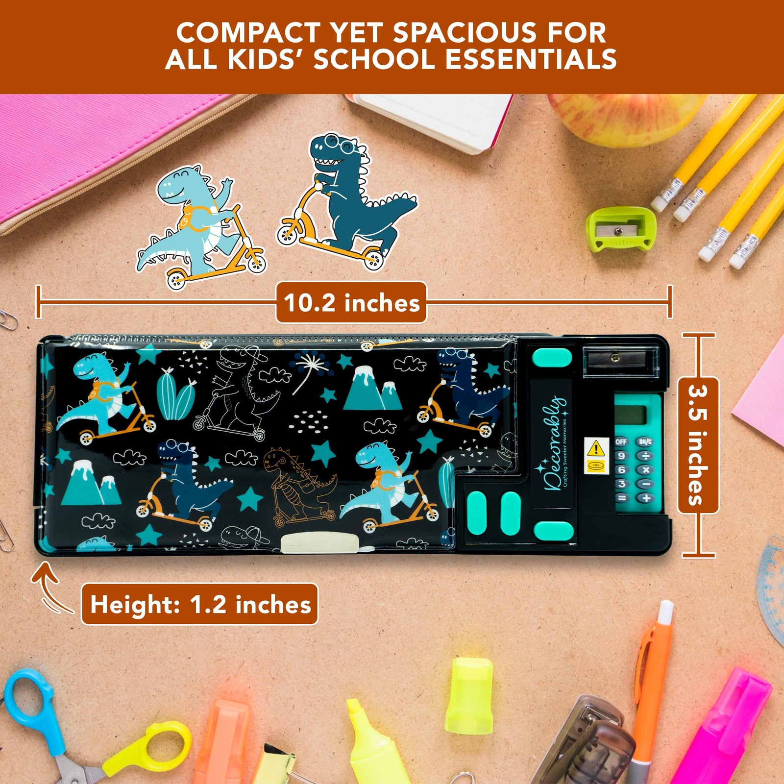 Pop Up Multifunction Dinosaur Pencil Case with Calculator for Boys, with Shar…