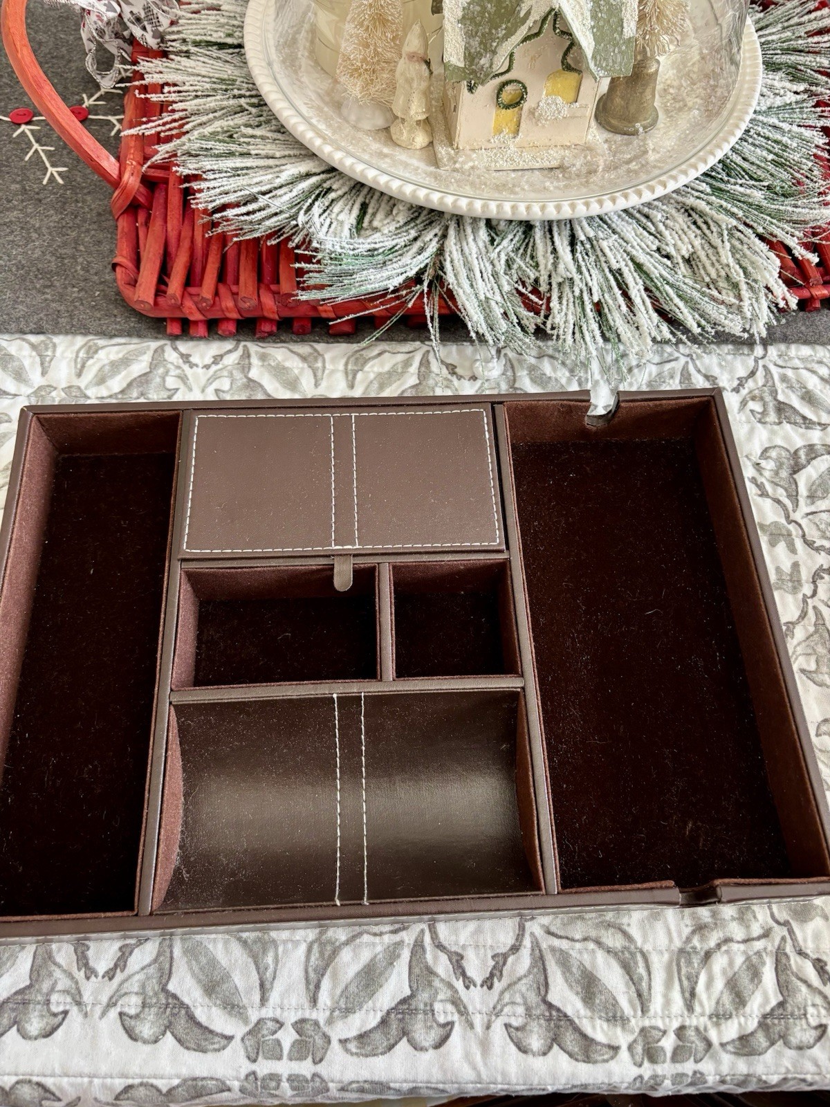 Leather Desk Organizer Chocolate Brown With White Stitching 14 X 10 Inches