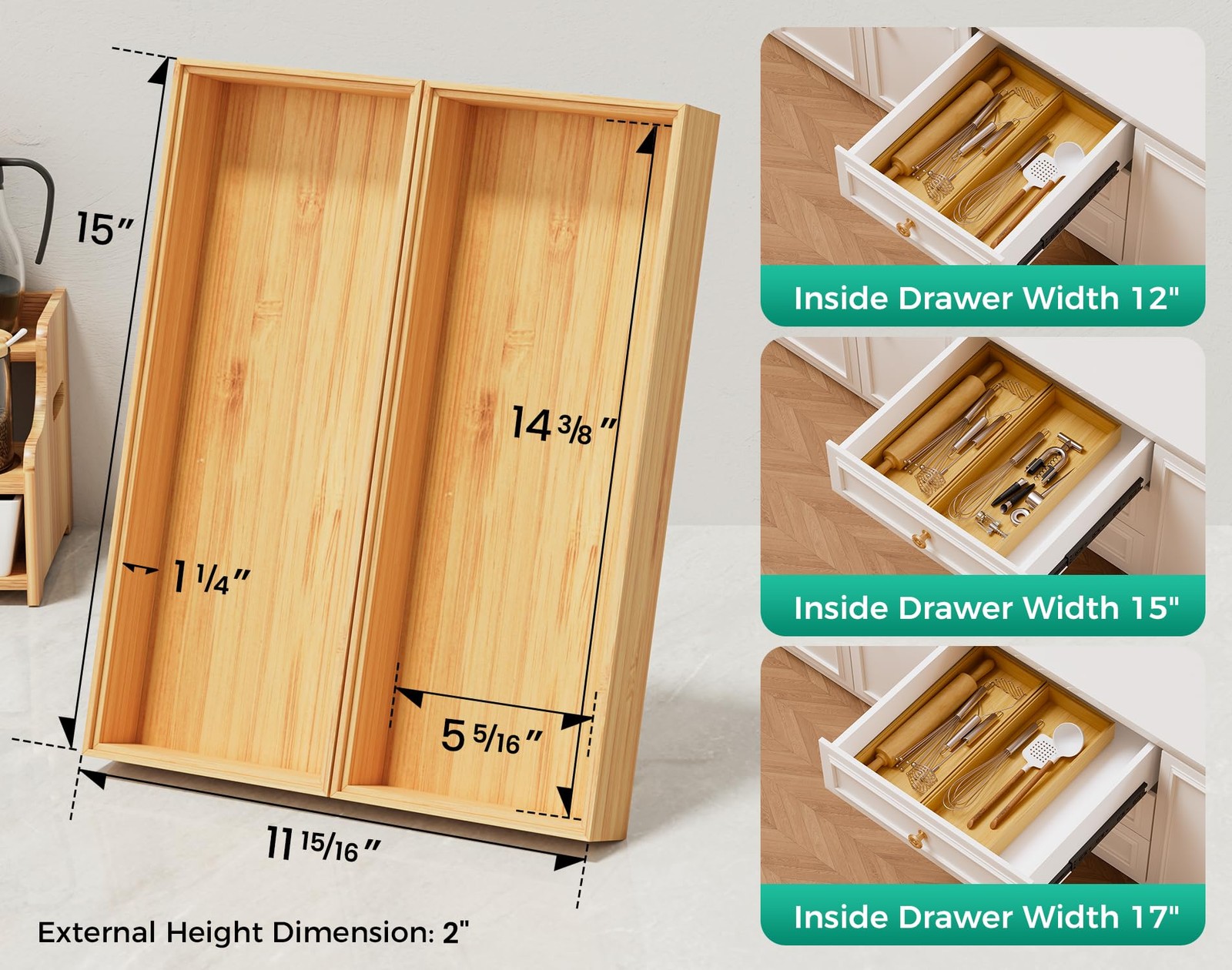 Bamboo Kitchen Drawer Organizer Set of 2, Stackable 15″ x 6″ x 2″,