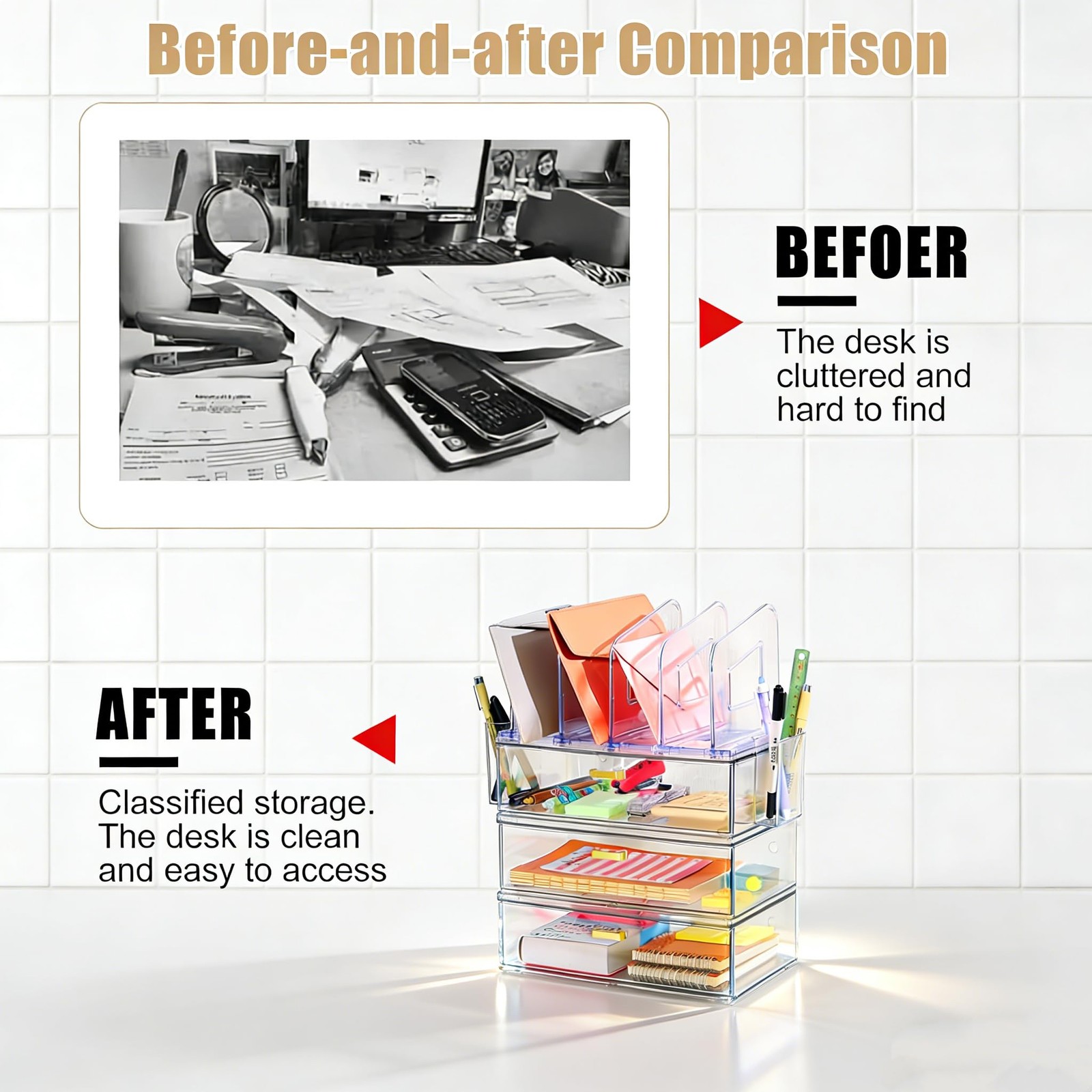 LALOBLUE Acrylic Desk Organizer with 4-Vertical File Holder 3 Layer, Clear