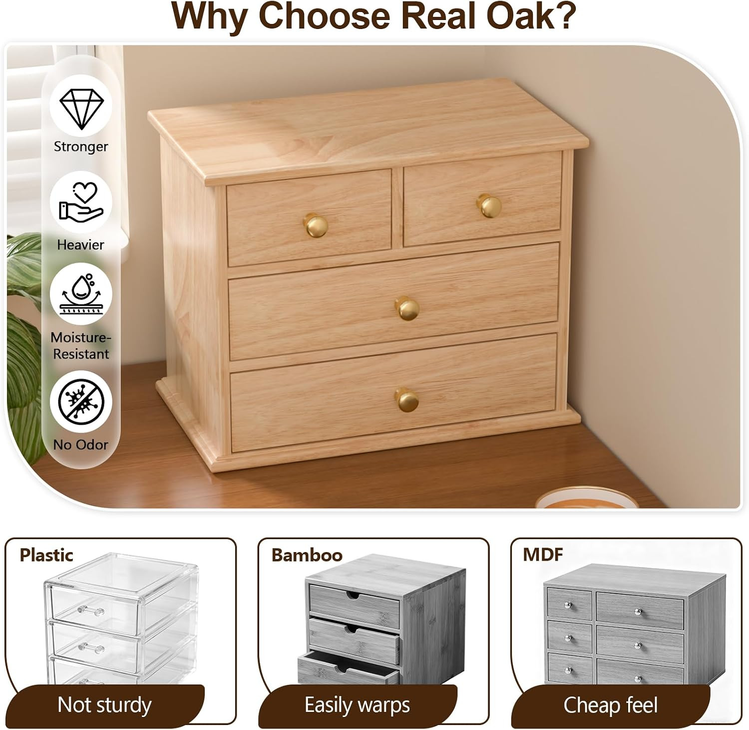 Oak Desk Organizer with Drawers, Durable Wooden Desktop Storage Box with Metal H