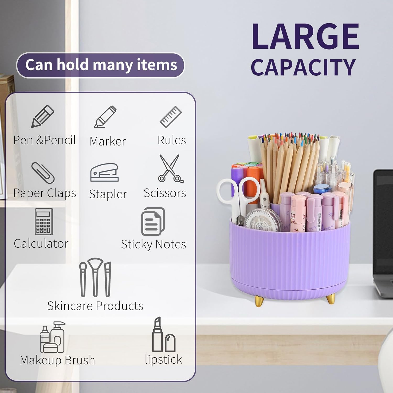 360°Rotating Pen&Pencil Holder for Desk with 5Slots Cute Office | Spacious Beaut