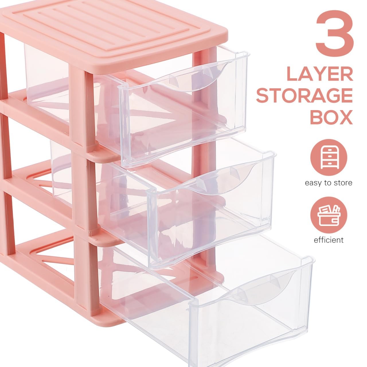 DOITOOL Desktop Storage Box Drawer Type Clear Plastic Organizer 3 Tier, Pink