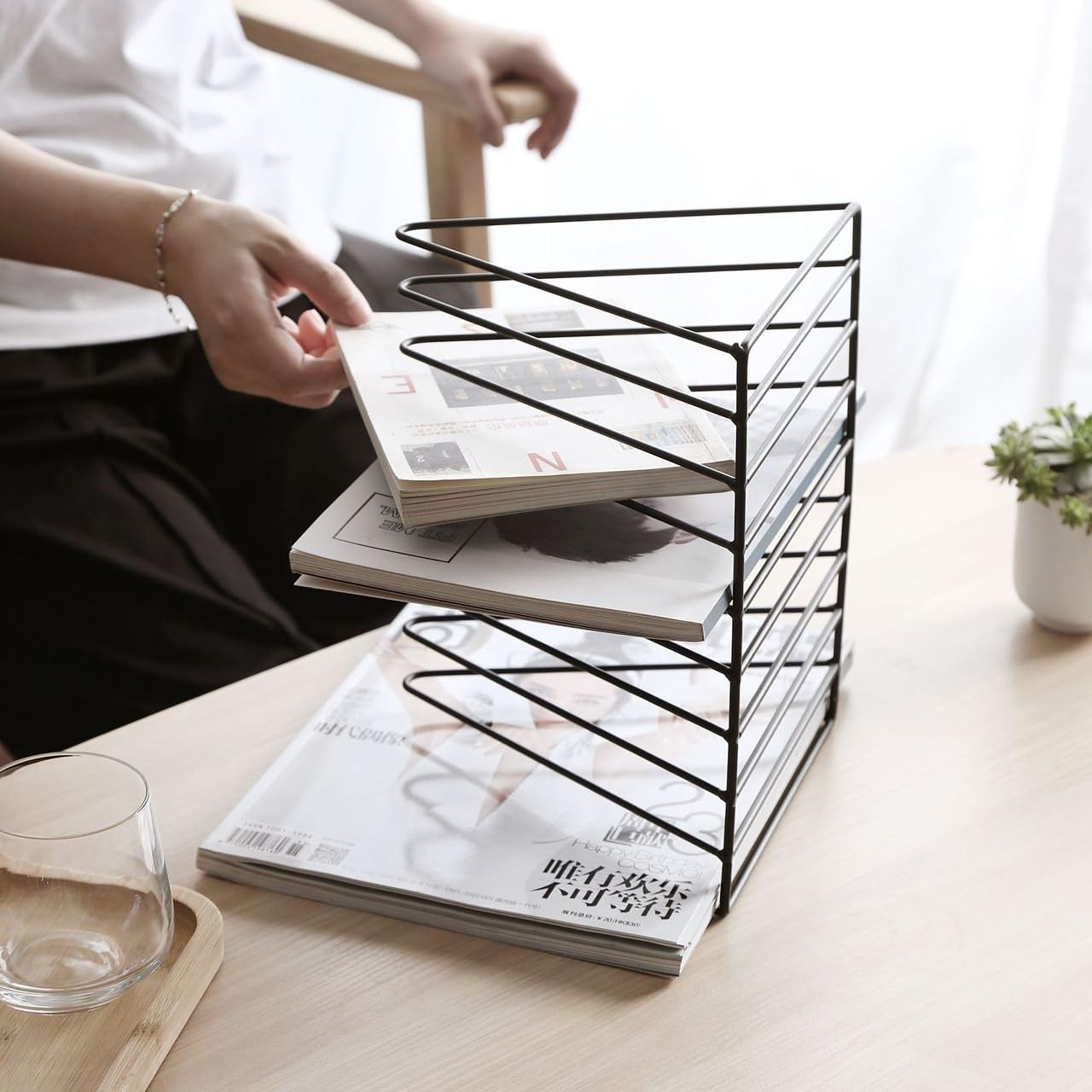 2 PCS 9 Slot Black Magazine Holder Triangle Desktop File Sorter Bookshelf