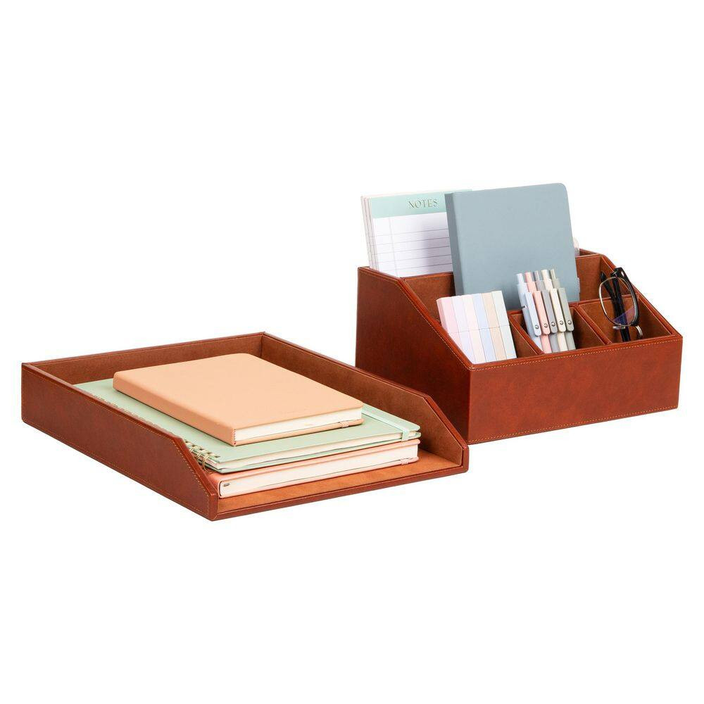 Brown 13.25 In. W X 5.25 In. H Polyurethane Leather Stackable Desk Organizer and