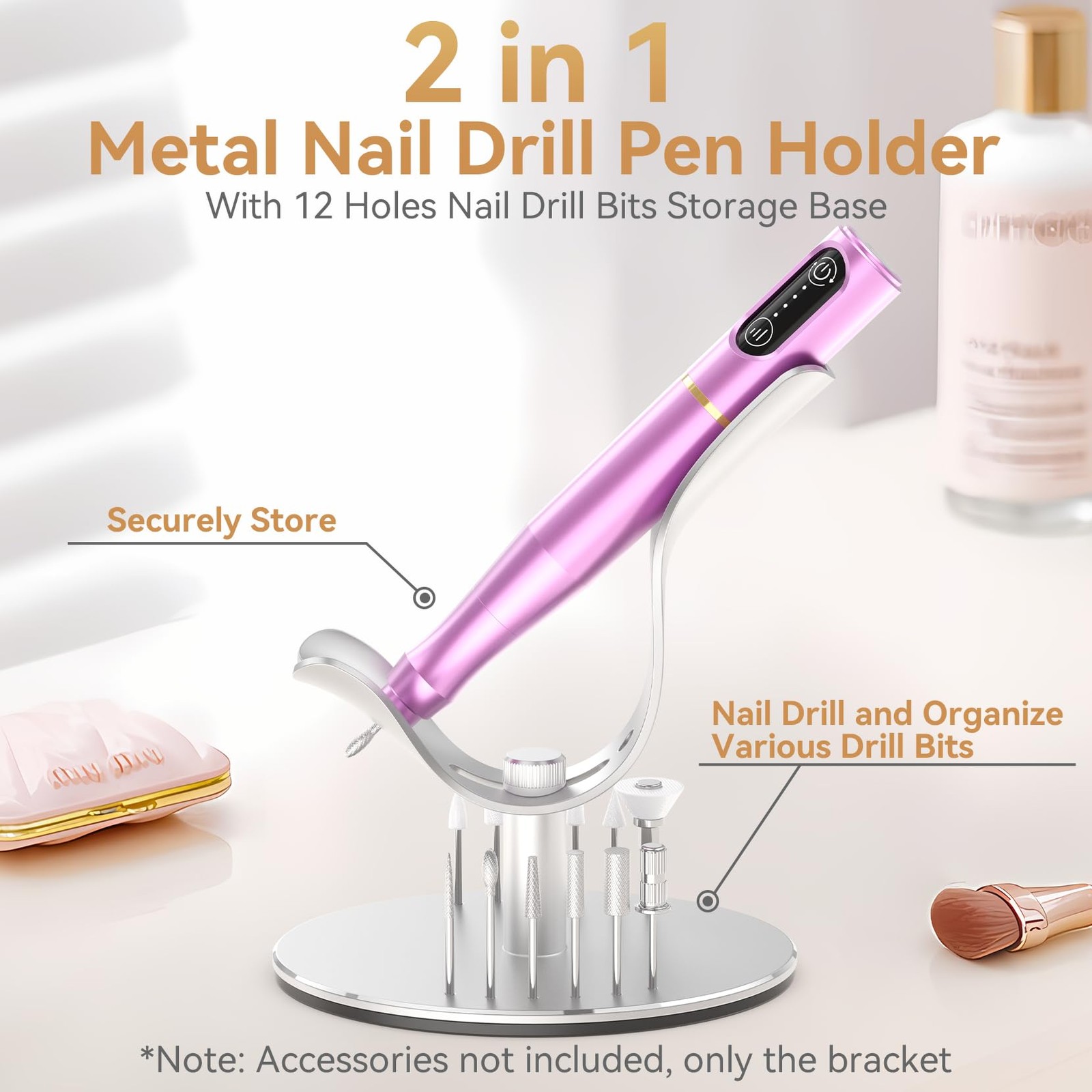 Thowapou Nail Drill Holder, 2 in 1 Bit Holder,12 Holes Silver