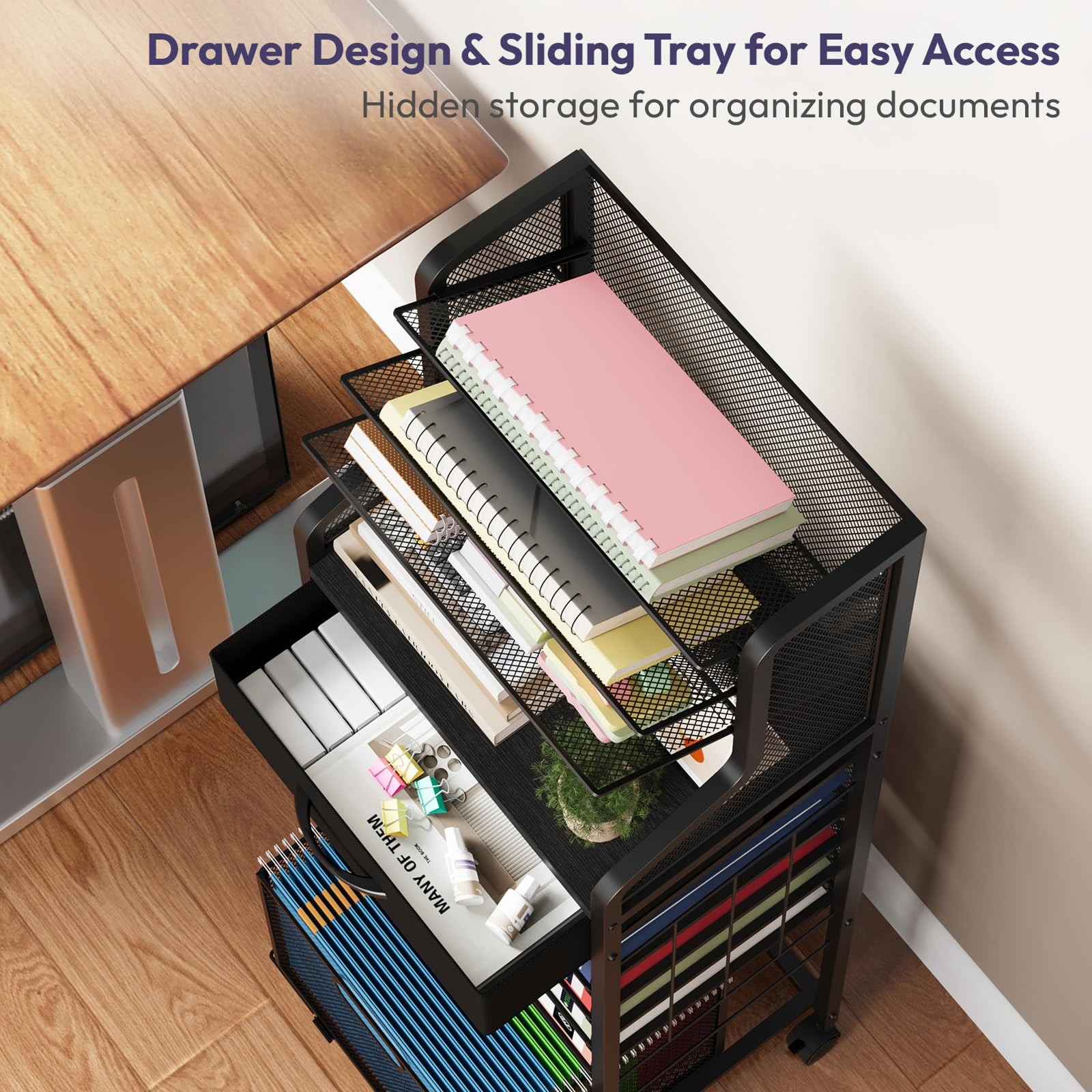 10-Tier Rolling File Cart – Mesh Paper Organizer with Drawer and Hanging File…
