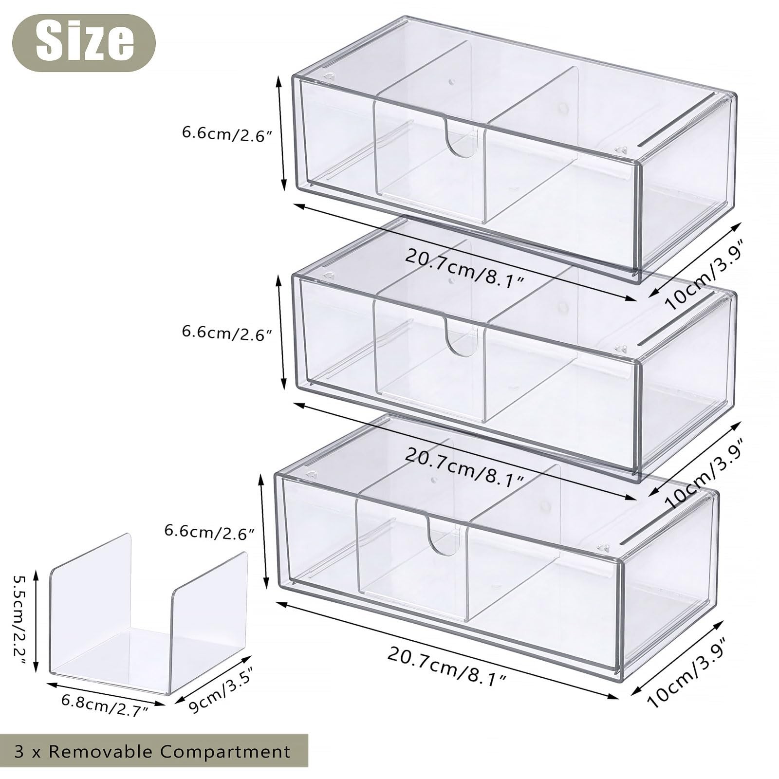 3 PCS Clear Acrylic Stackable Pencil Drawer Removable Divider Organizer