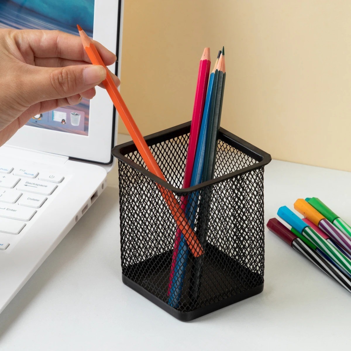 MOTARRO 1Pcs Pencil Holder Office Desk Metal Mesh Square Round Pen Pot Cup Case