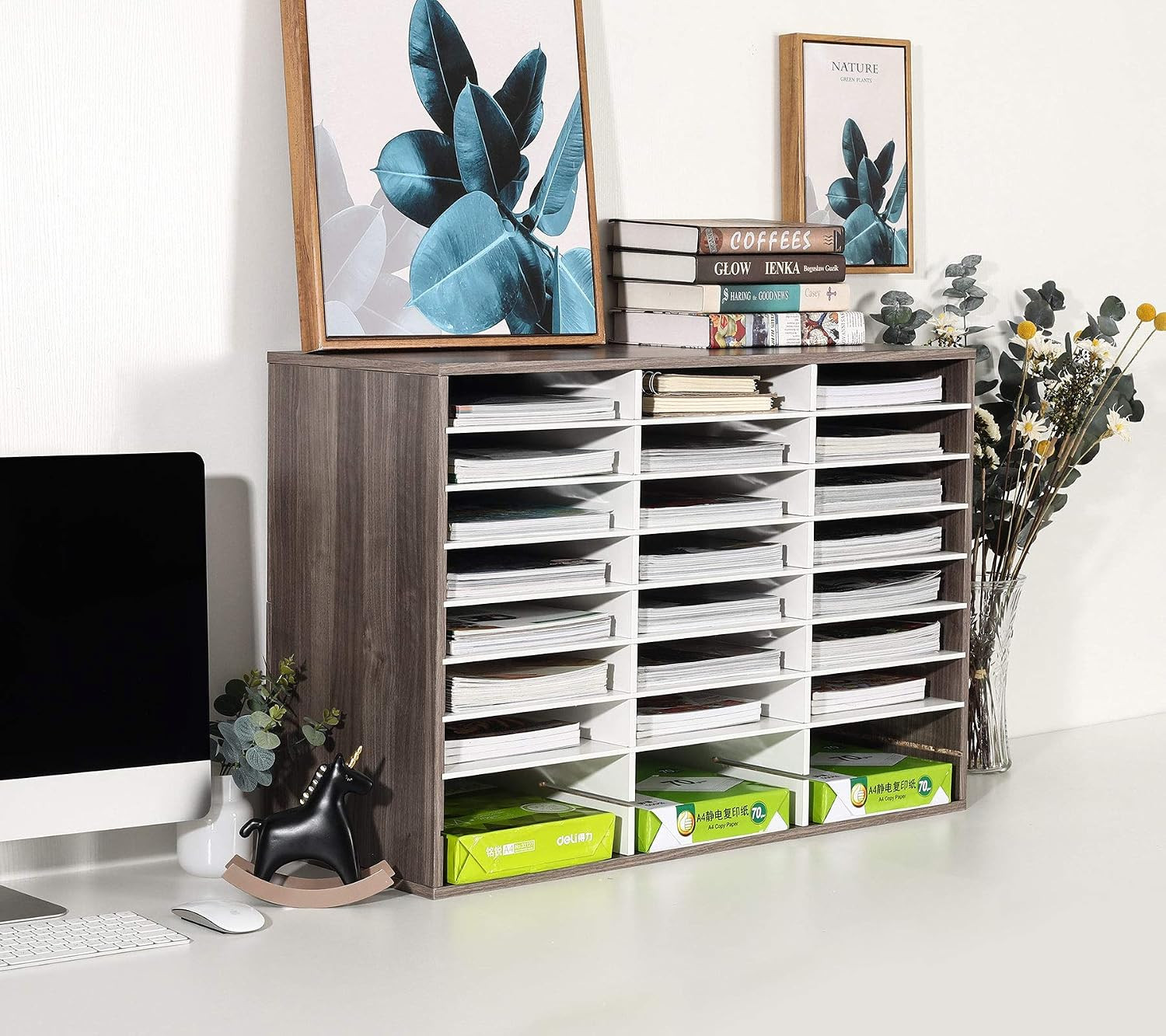 Wood Literature Organizer, 27 Slots Hold 13500 Sheets A4 Papers, Wooden Desk Fil