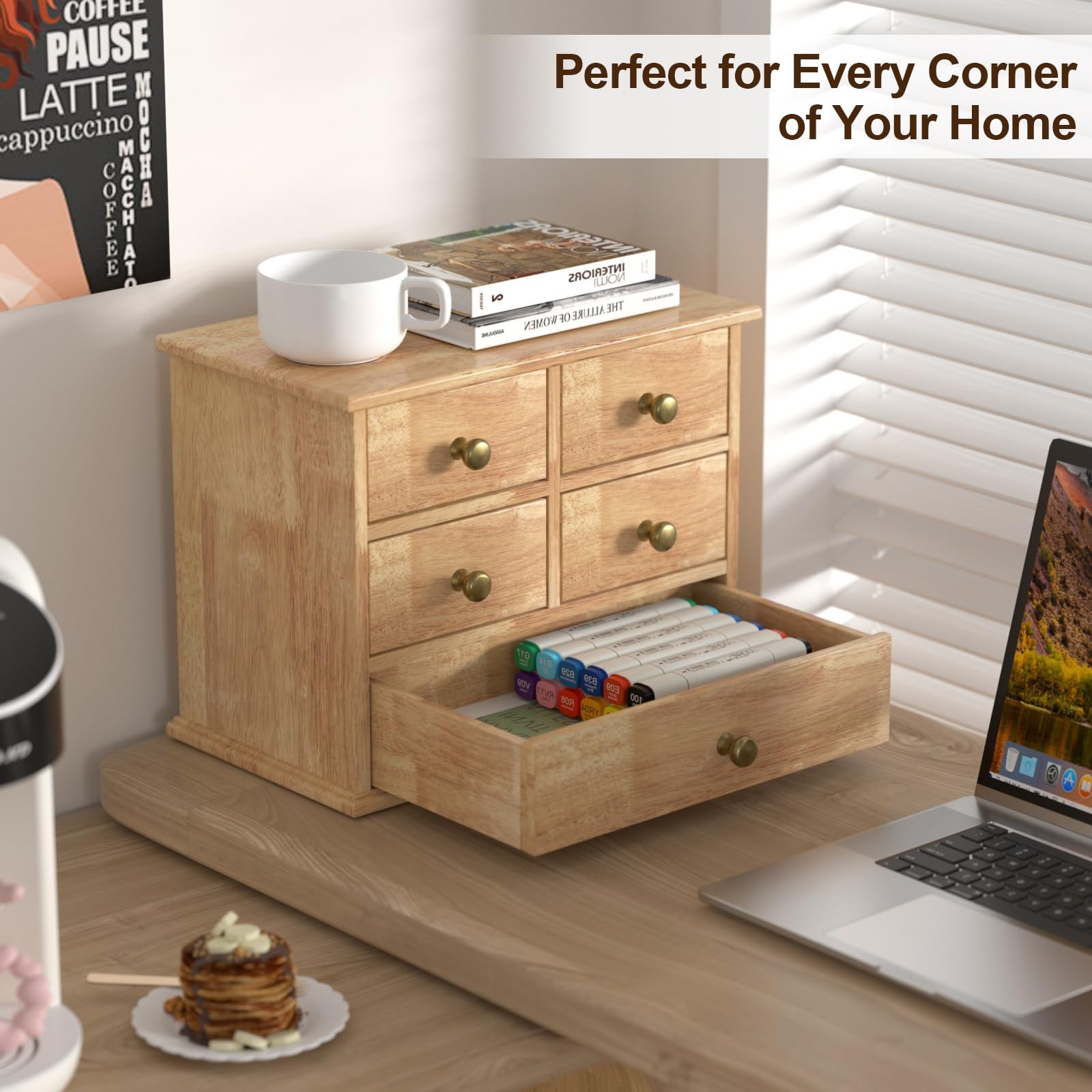 Oak Desk Organizer with Drawers, Wooden Desktop Storage Box with Metal Handle…