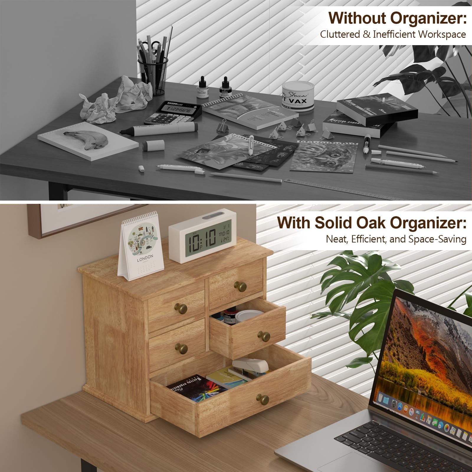 Oak Desk Organizer with Drawers, Wooden Desktop Storage Box with Metal Handle…