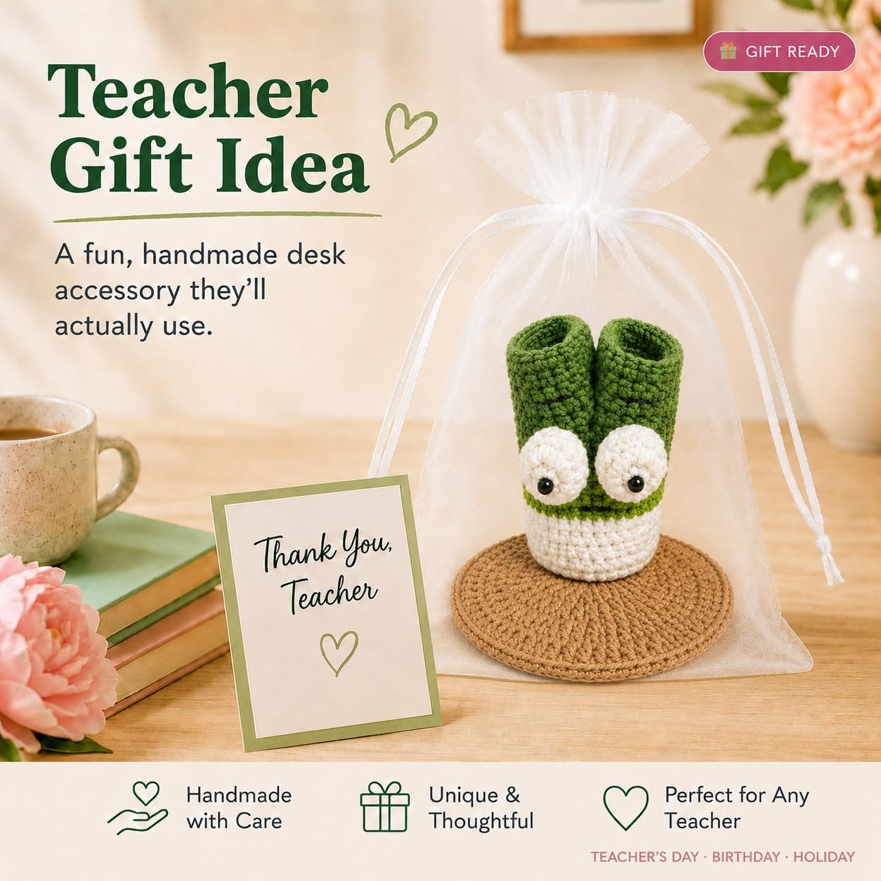 Cute Crochet Pen Holder for Desk – Handmade Green Onion Pencil Cup with Stand…