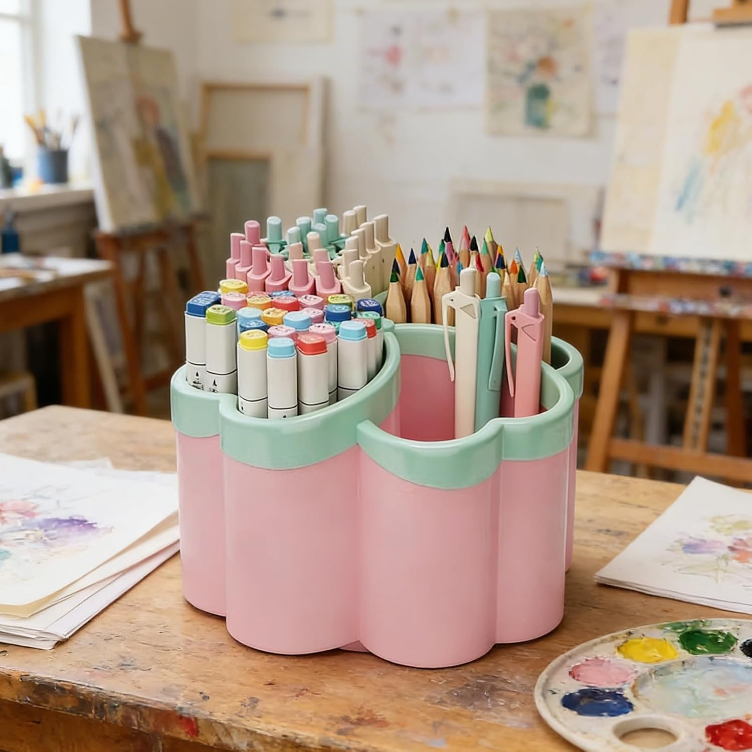 360°Rotating Pencil Pen Holder for Desk,Pen Organizer with 4 Slots, Large-Capaci