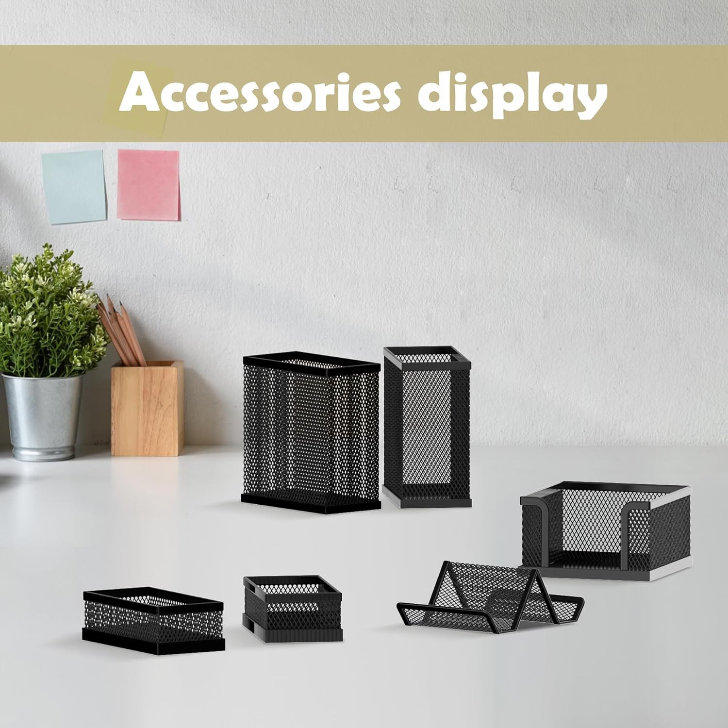 Pen Holder for Desk, 6 Piece Mesh Desk Organizer set for Office Black